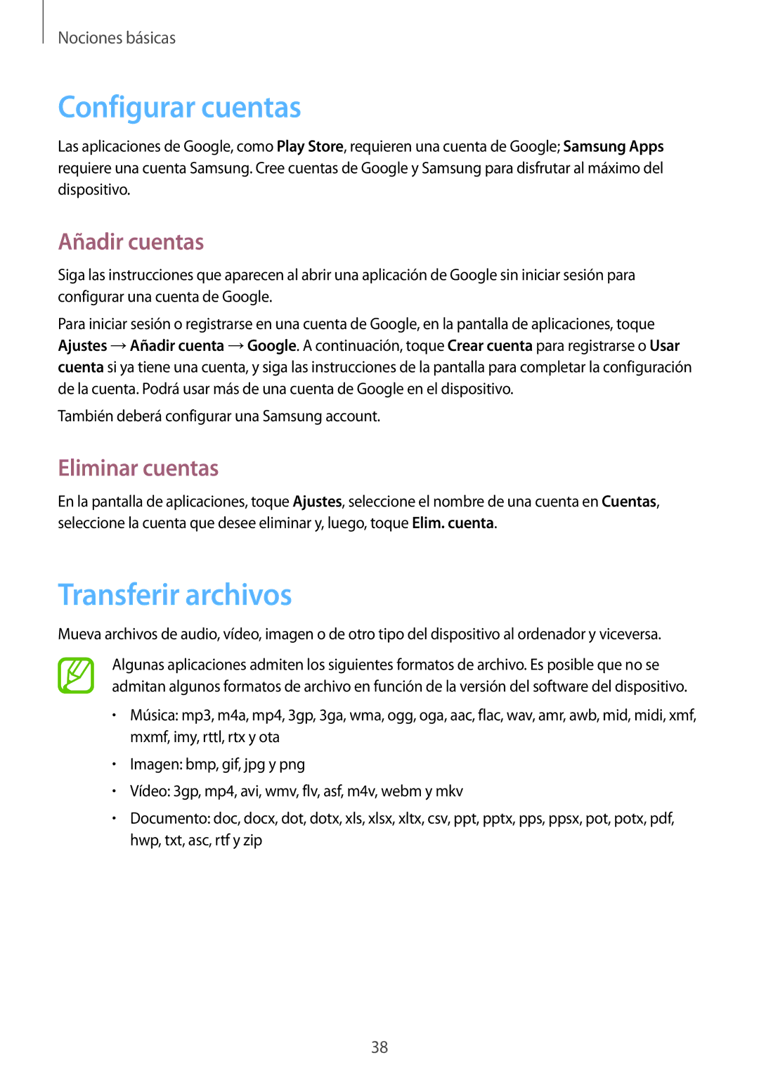 Samsung GT-I9082EWATPH, GT-I9082MBABGL manual Configurar cuentas, Transferir archivos, Añadir cuentas, Eliminar cuentas 