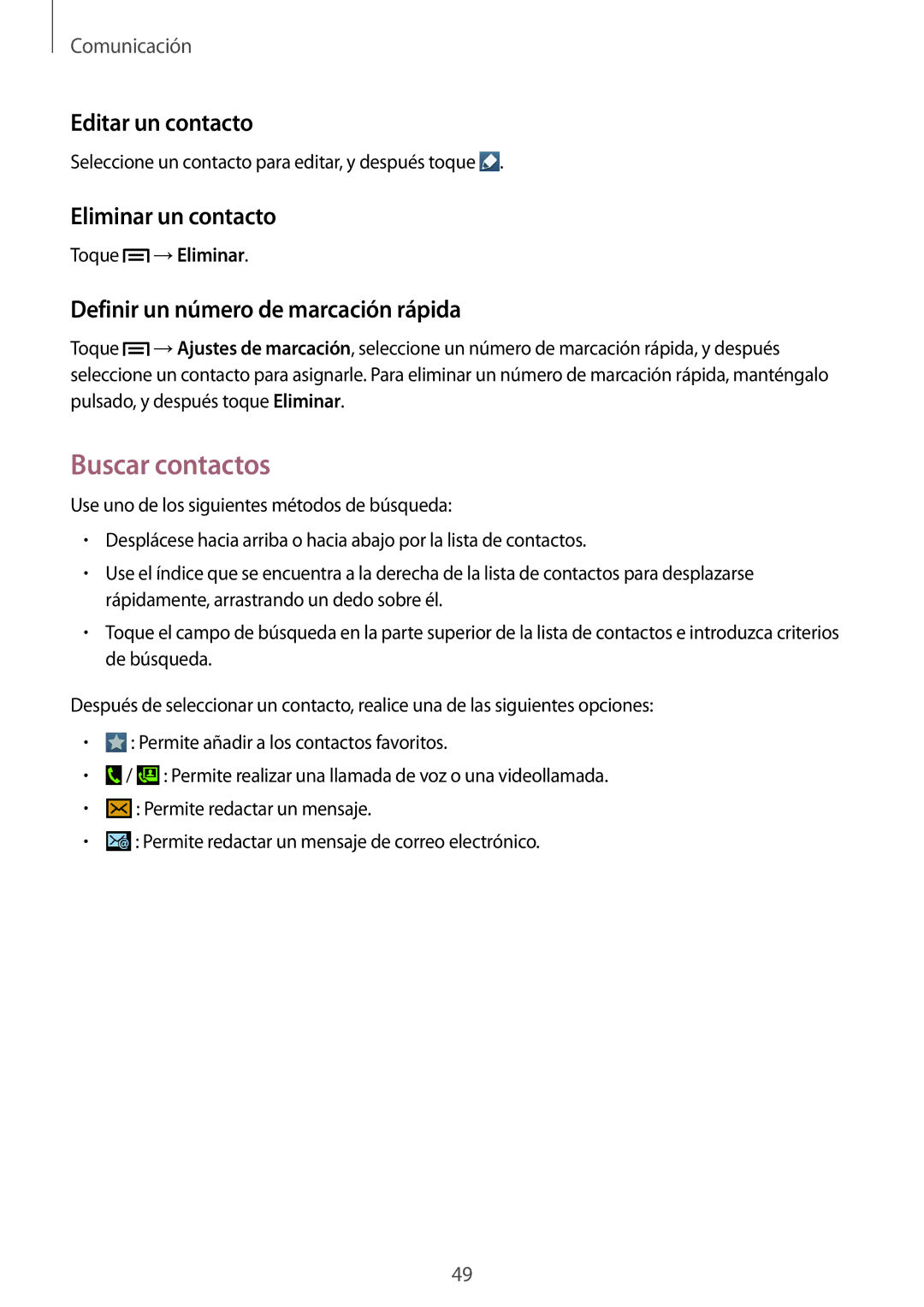 Samsung GT-I9082EWASEB Buscar contactos, Editar un contacto, Eliminar un contacto, Definir un número de marcación rápida 