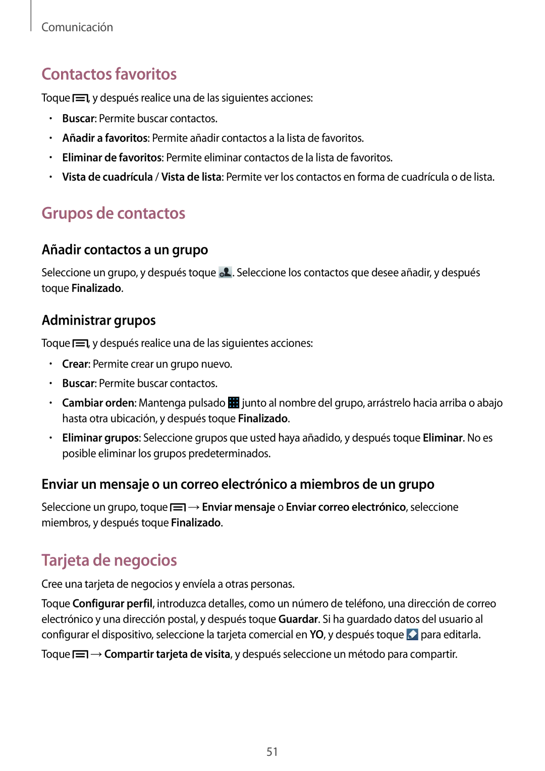 Samsung GT-I9082EWAMWD manual Contactos favoritos, Grupos de contactos, Tarjeta de negocios, Añadir contactos a un grupo 