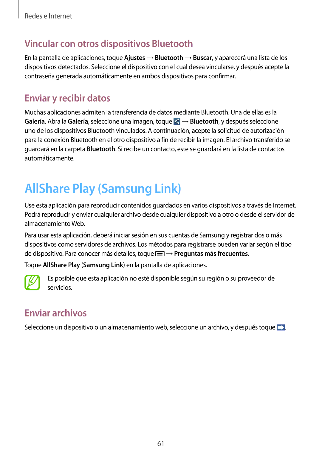 Samsung GT-I9082EWAMWD manual AllShare Play Samsung Link, Vincular con otros dispositivos Bluetooth, Enviar y recibir datos 