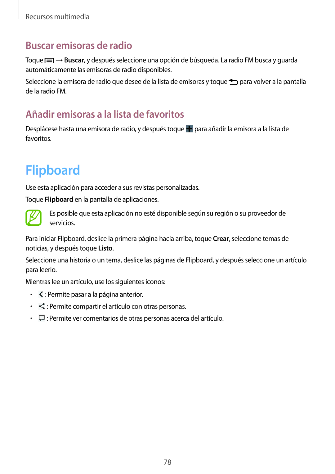 Samsung GT-I9082EWATPH, GT-I9082MBABGL manual Flipboard, Buscar emisoras de radio, Añadir emisoras a la lista de favoritos 