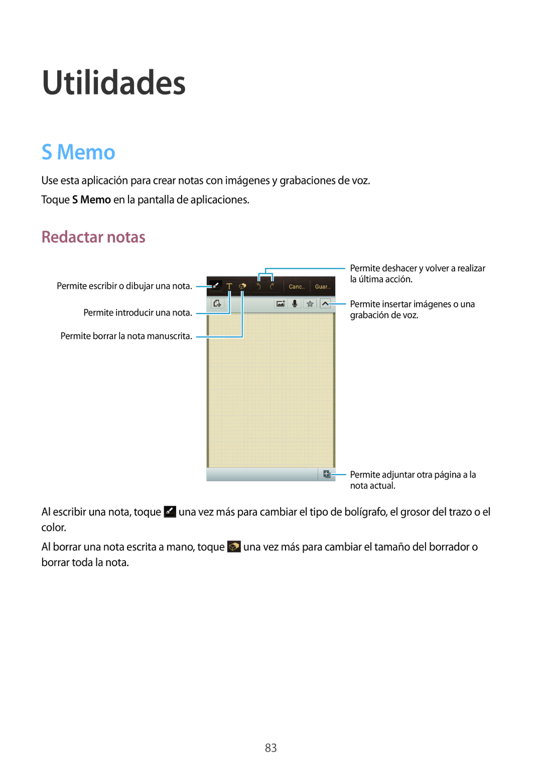 Samsung GT-I9082MBAMWD, GT-I9082MBABGL, GT-I9082EWAMWD, GT-I9082EWABGL, GT-I9082EWAPHE manual Utilidades, Memo, Redactar notas 