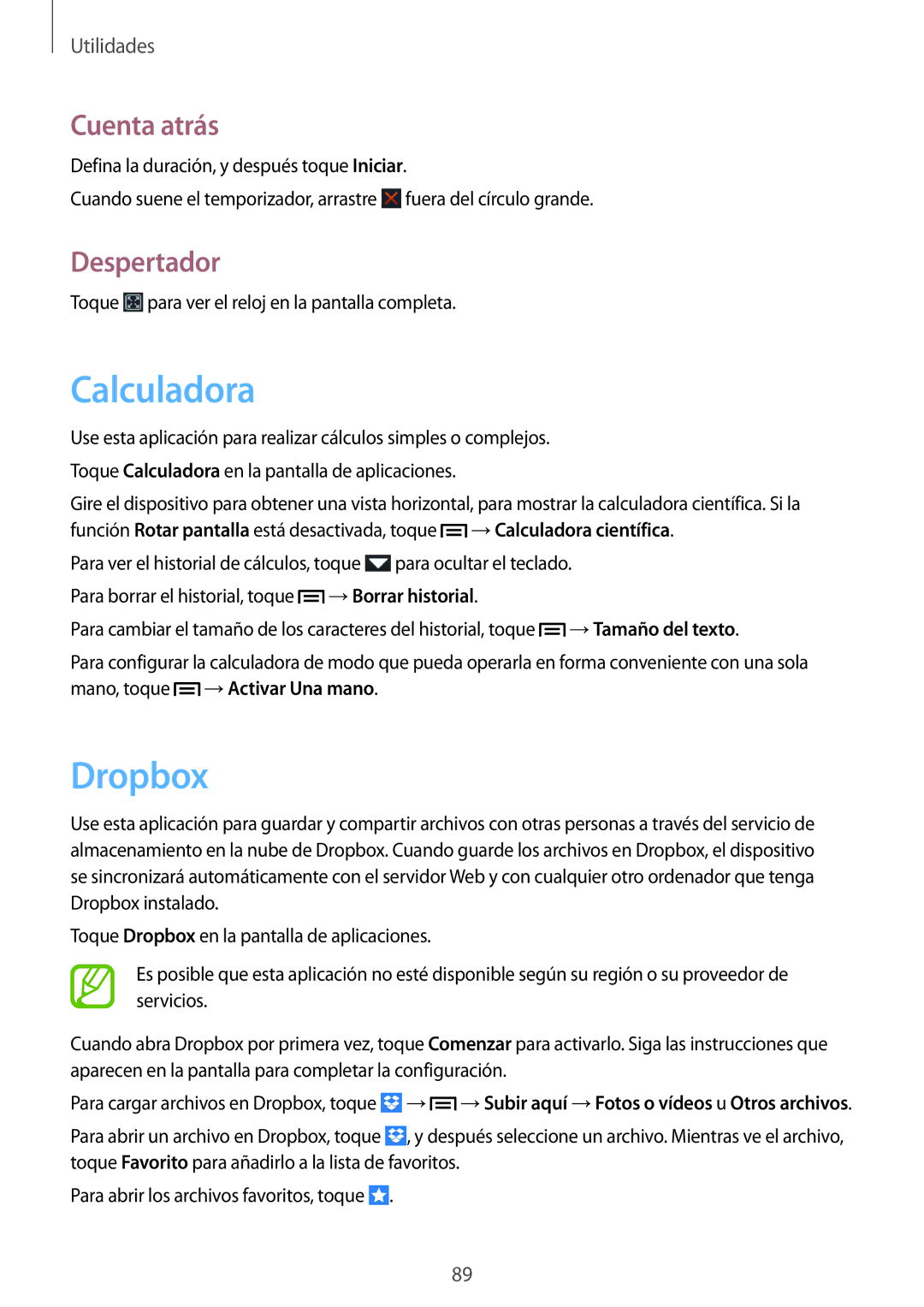 Samsung GT-I9082EWASEB, GT-I9082MBABGL, GT-I9082EWAMWD, GT-I9082EWABGL manual Calculadora, Dropbox, Cuenta atrás, Despertador 