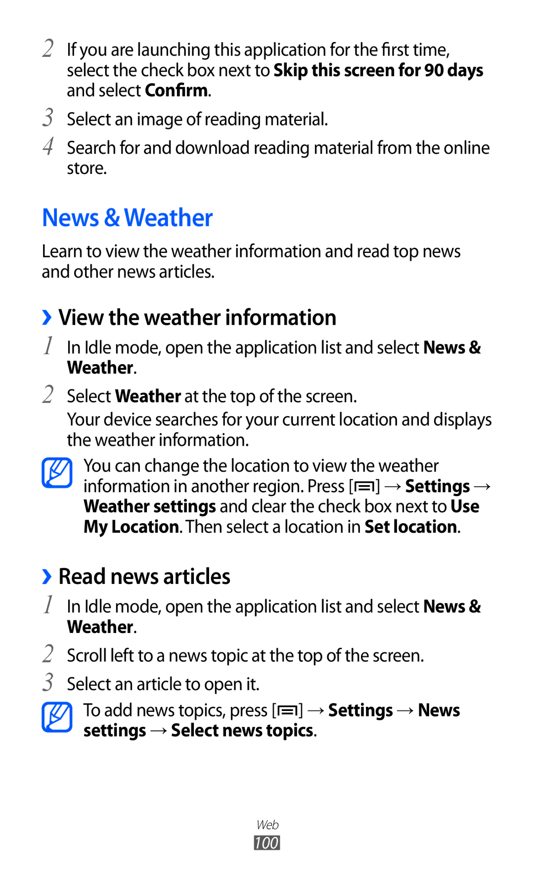 Samsung GT-I9100 user manual News & Weather, ››View the weather information, ››Read news articles 