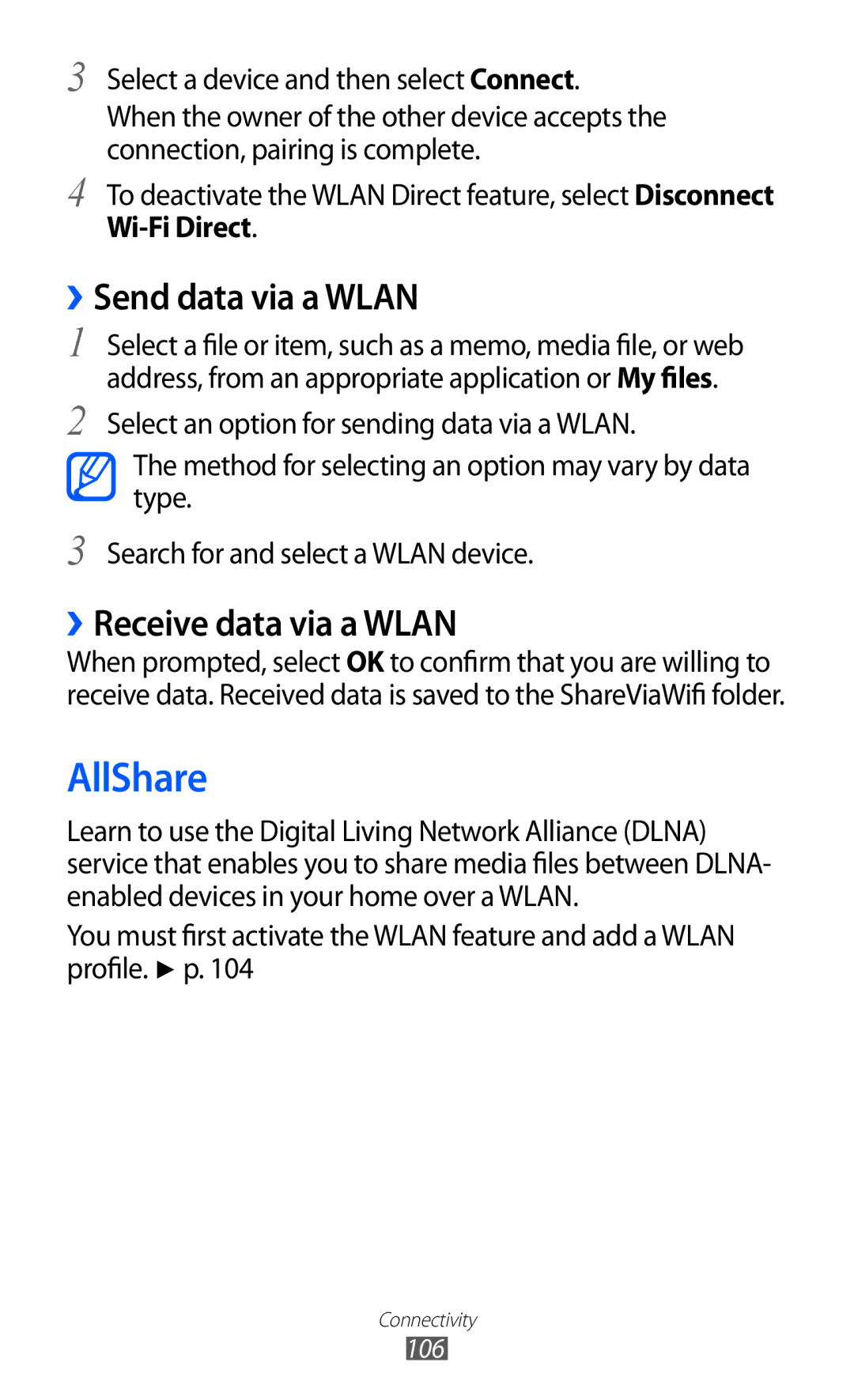 Samsung GT-I9100 user manual AllShare, ››Send data via a Wlan, ››Receive data via a Wlan, Wi-Fi Direct 