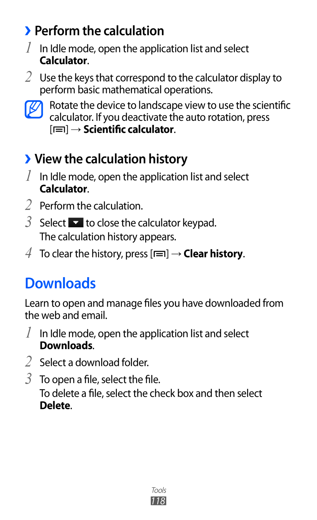 Samsung GT-I9100 user manual Downloads, ››Perform the calculation, ››View the calculation history, → Scientific calculator 