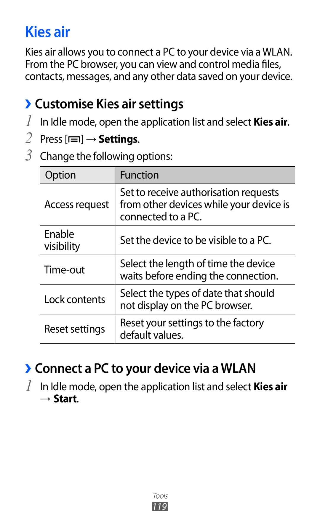 Samsung GT-I9100 user manual ››Customise Kies air settings, ››Connect a PC to your device via a Wlan, → Start 