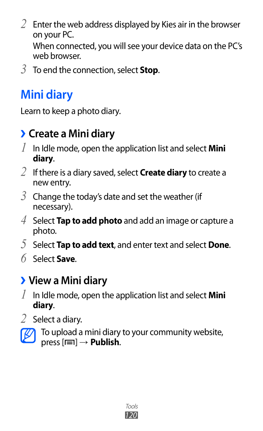 Samsung GT-I9100 user manual ››Create a Mini diary, ››View a Mini diary, Diary 