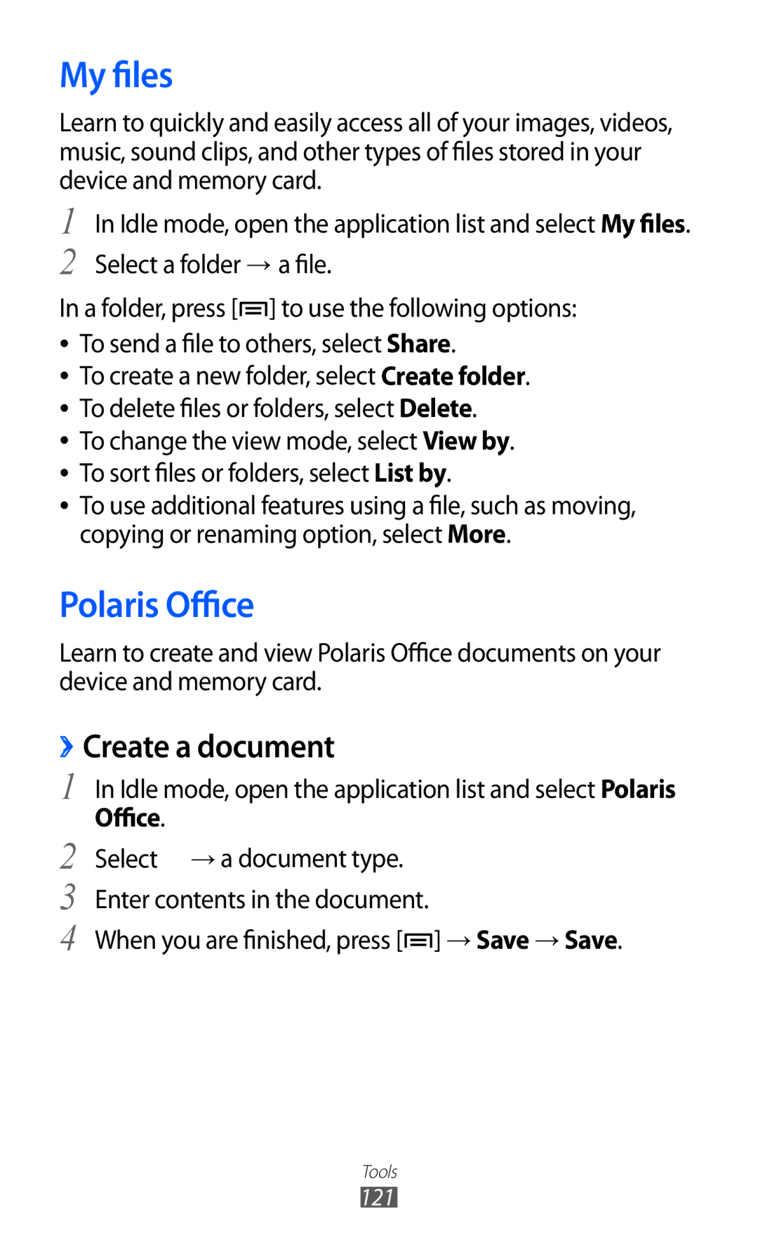 Samsung GT-I9100 user manual My files, Polaris Office, ››Create a document 