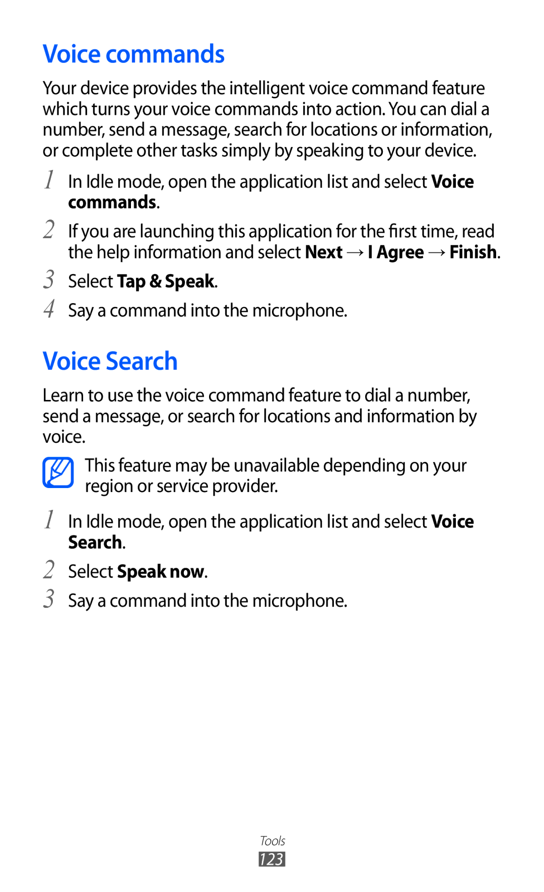 Samsung GT-I9100 user manual Voice commands, Voice Search, Select Tap & Speak, Search Select Speak now 