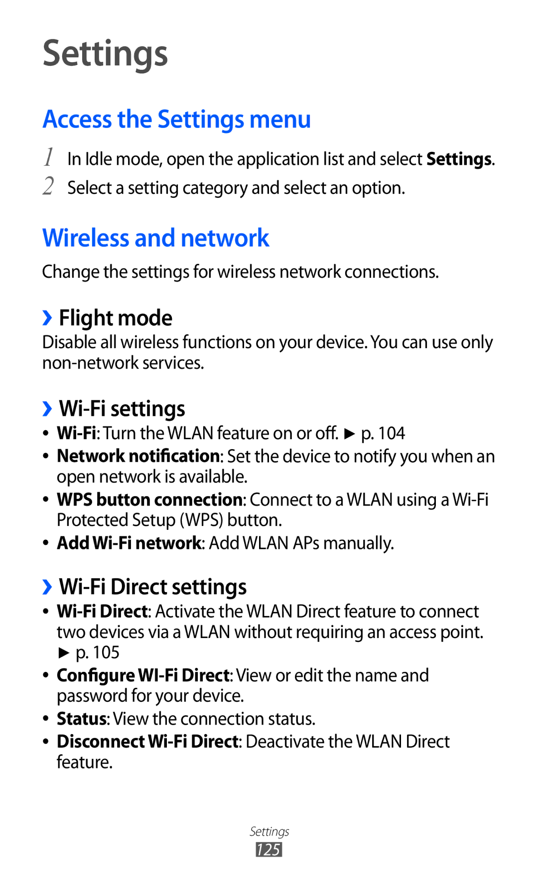 Samsung GT-I9100 user manual Access the Settings menu, Wireless and network 