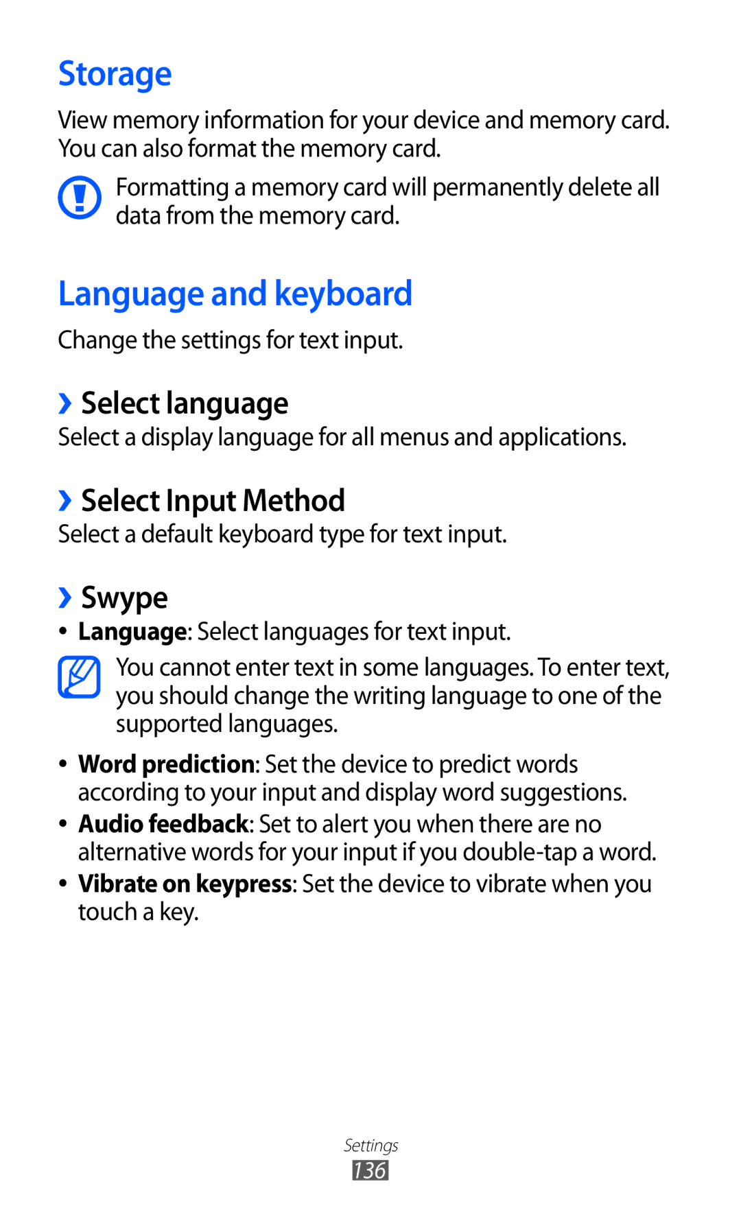 Samsung GT-I9100 user manual Storage, Language and keyboard, ››Select language, ››Select Input Method, ››Swype 