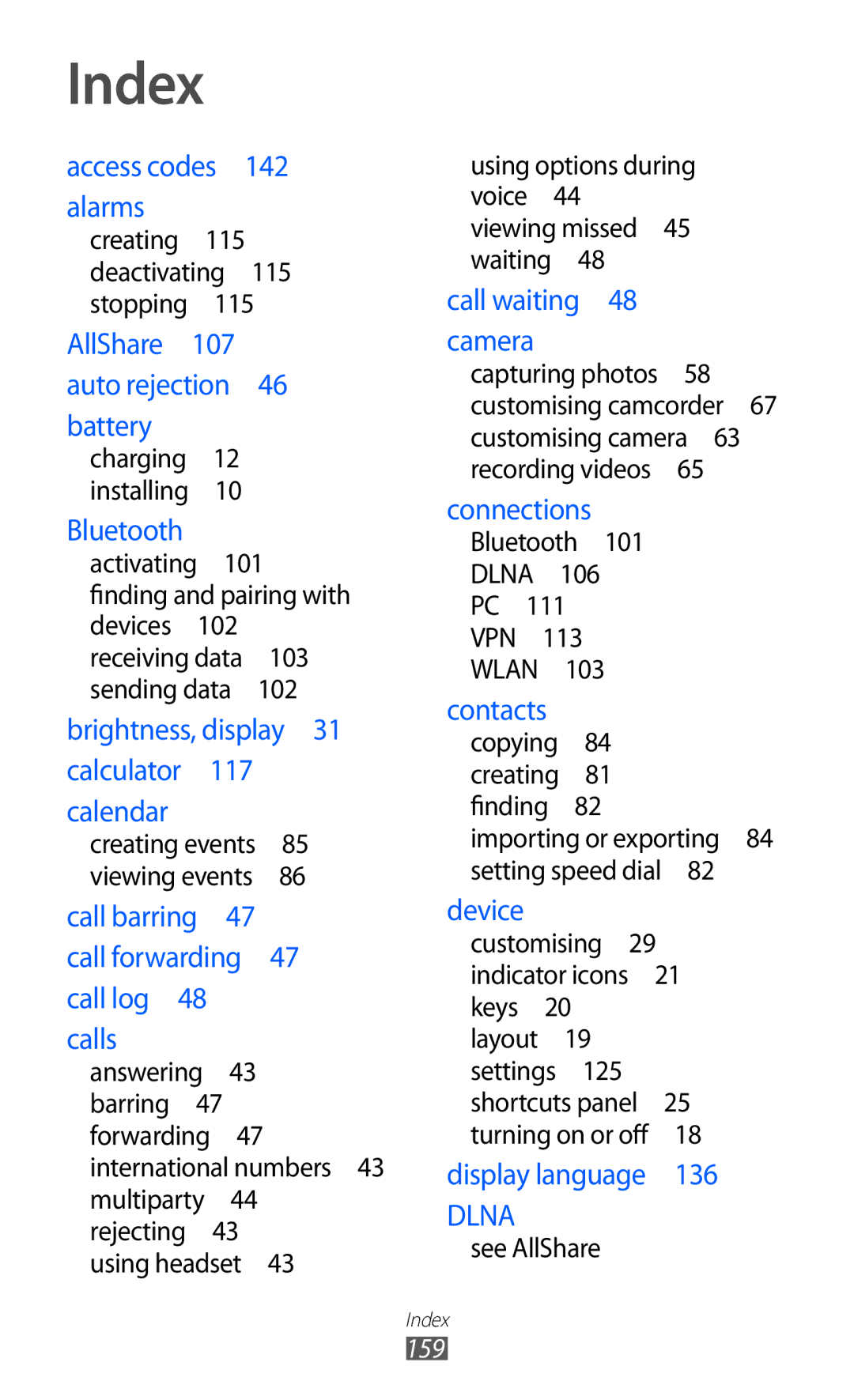 Samsung GT-I9100 user manual Index, Call barring 47 call forwarding 47 call log Calls 