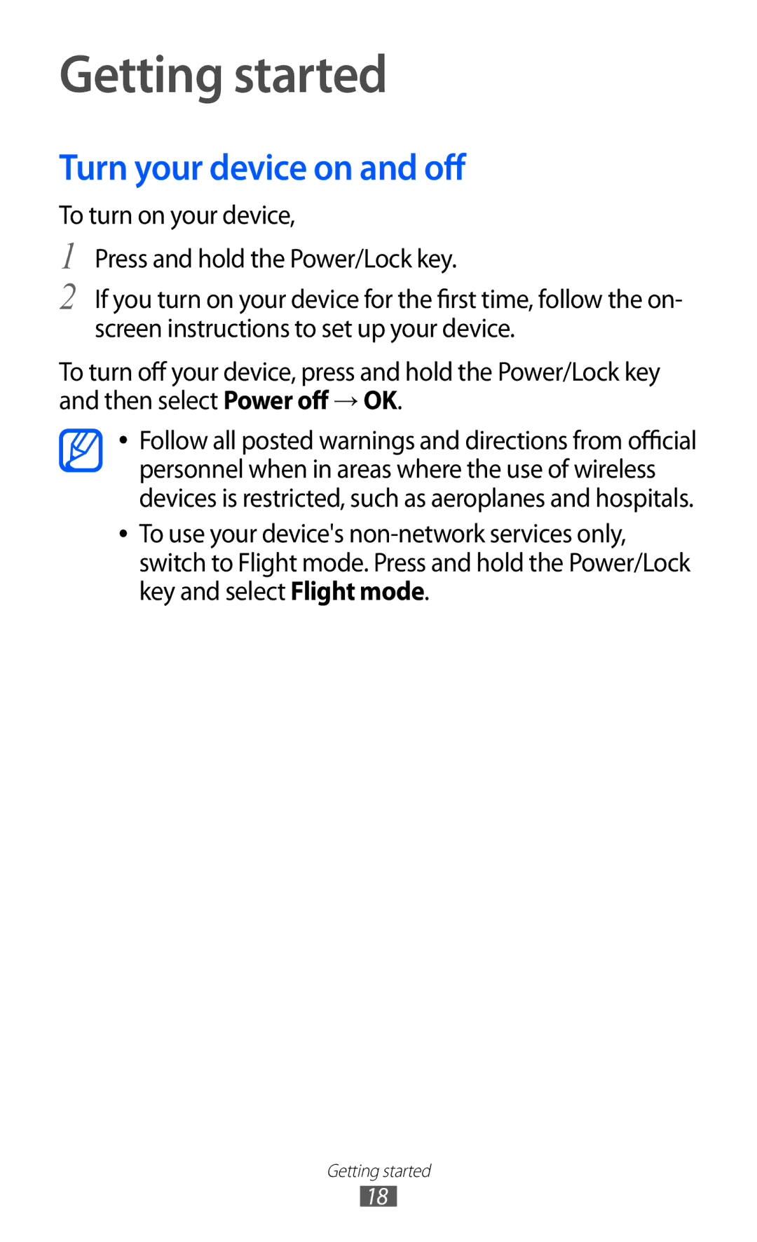 Samsung GT-I9100 user manual Getting started, Turn your device on and off 