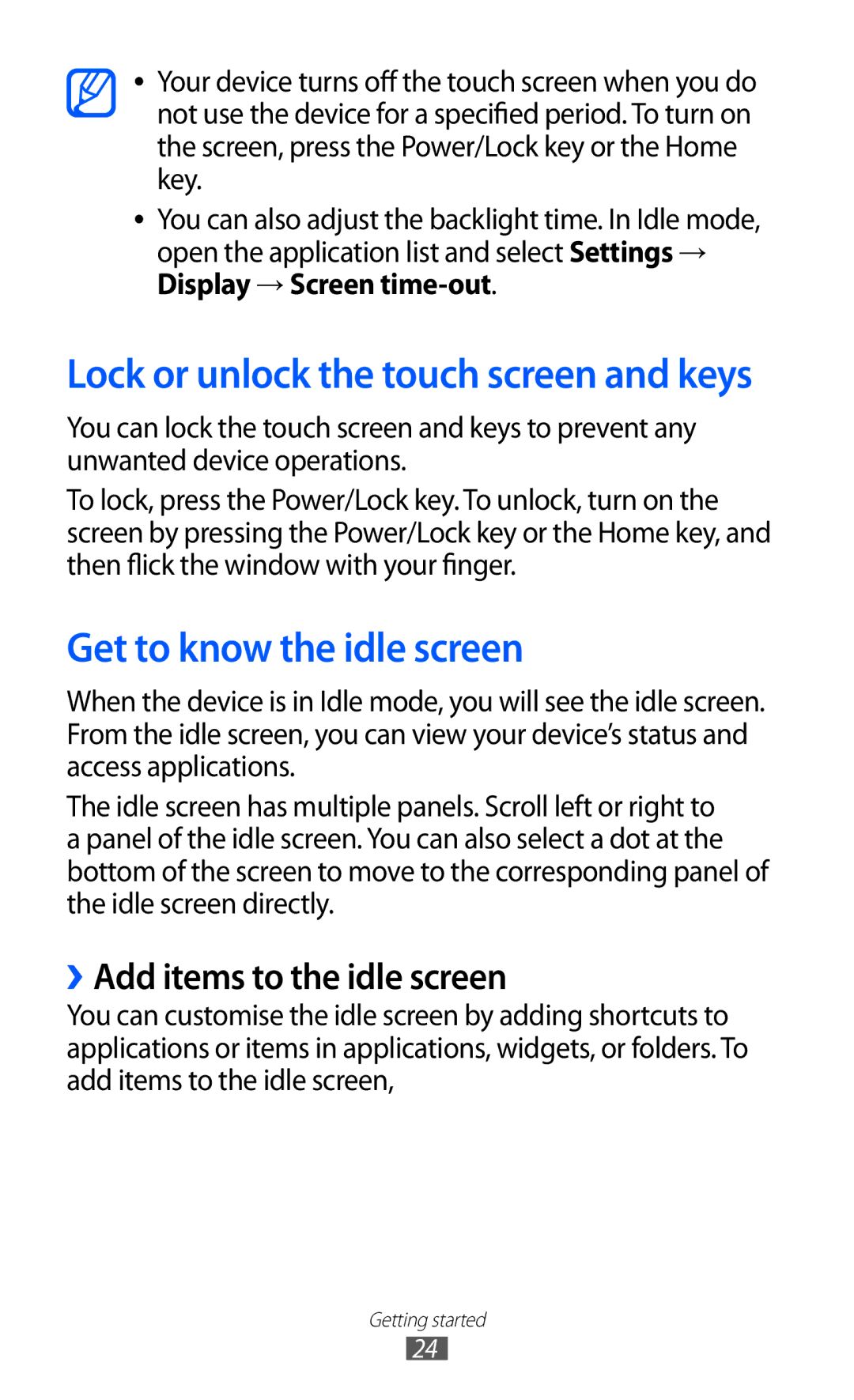 Samsung GT-I9100 user manual Get to know the idle screen, ››Add items to the idle screen 