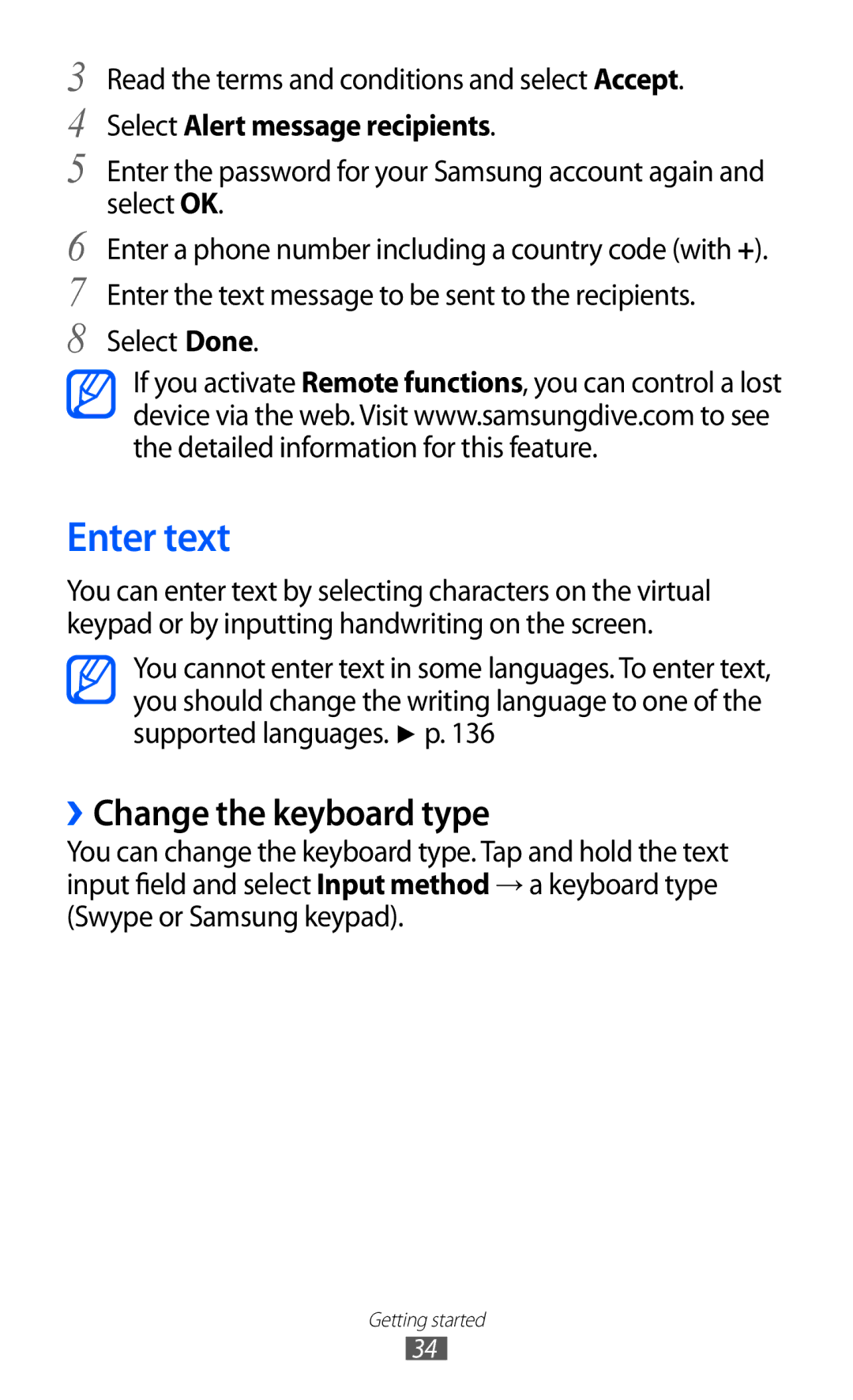 Samsung GT-I9100 user manual Enter text, ››Change the keyboard type, Select Alert message recipients 