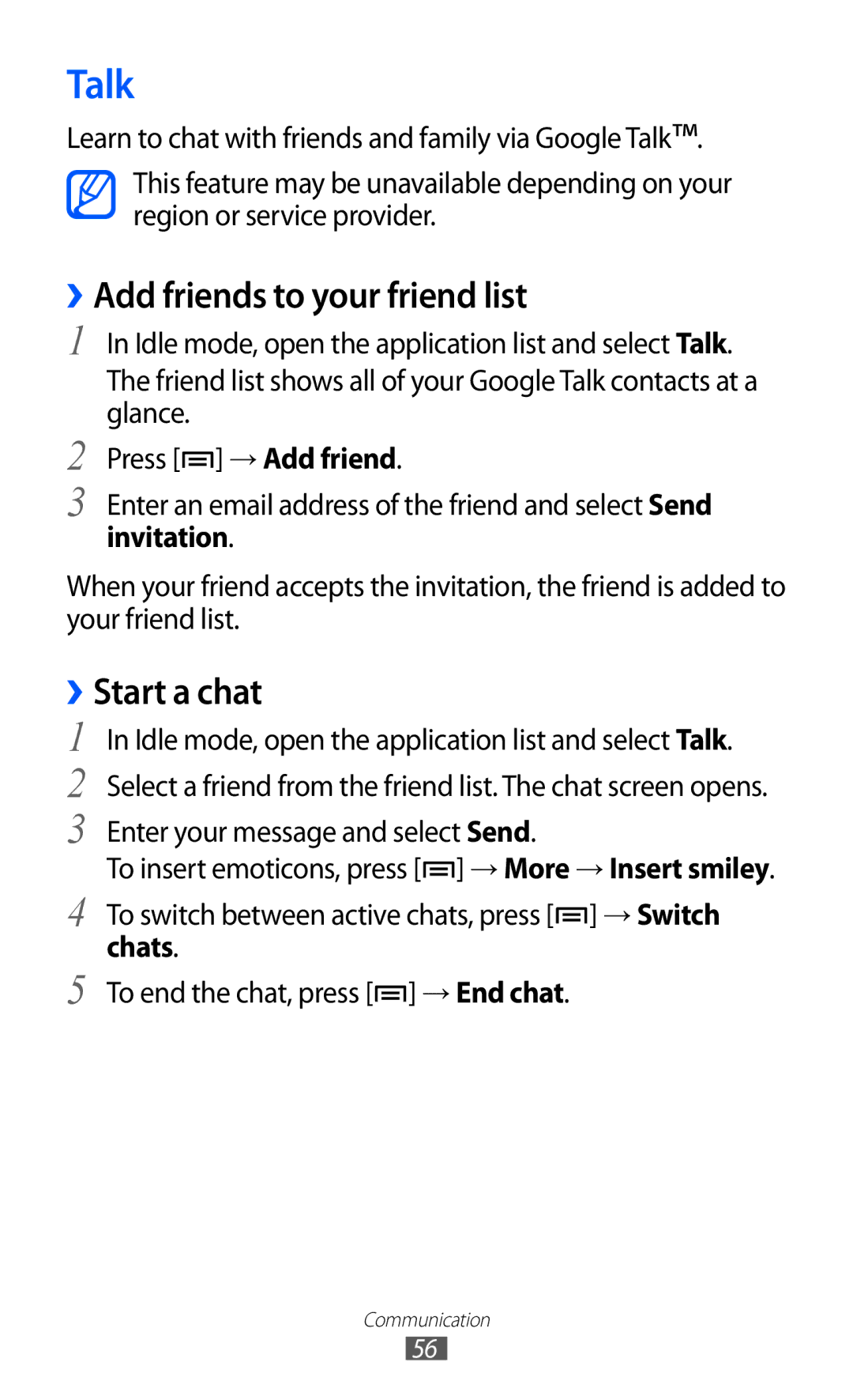 Samsung GT-I9100 user manual Talk, ››Add friends to your friend list, ››Start a chat 