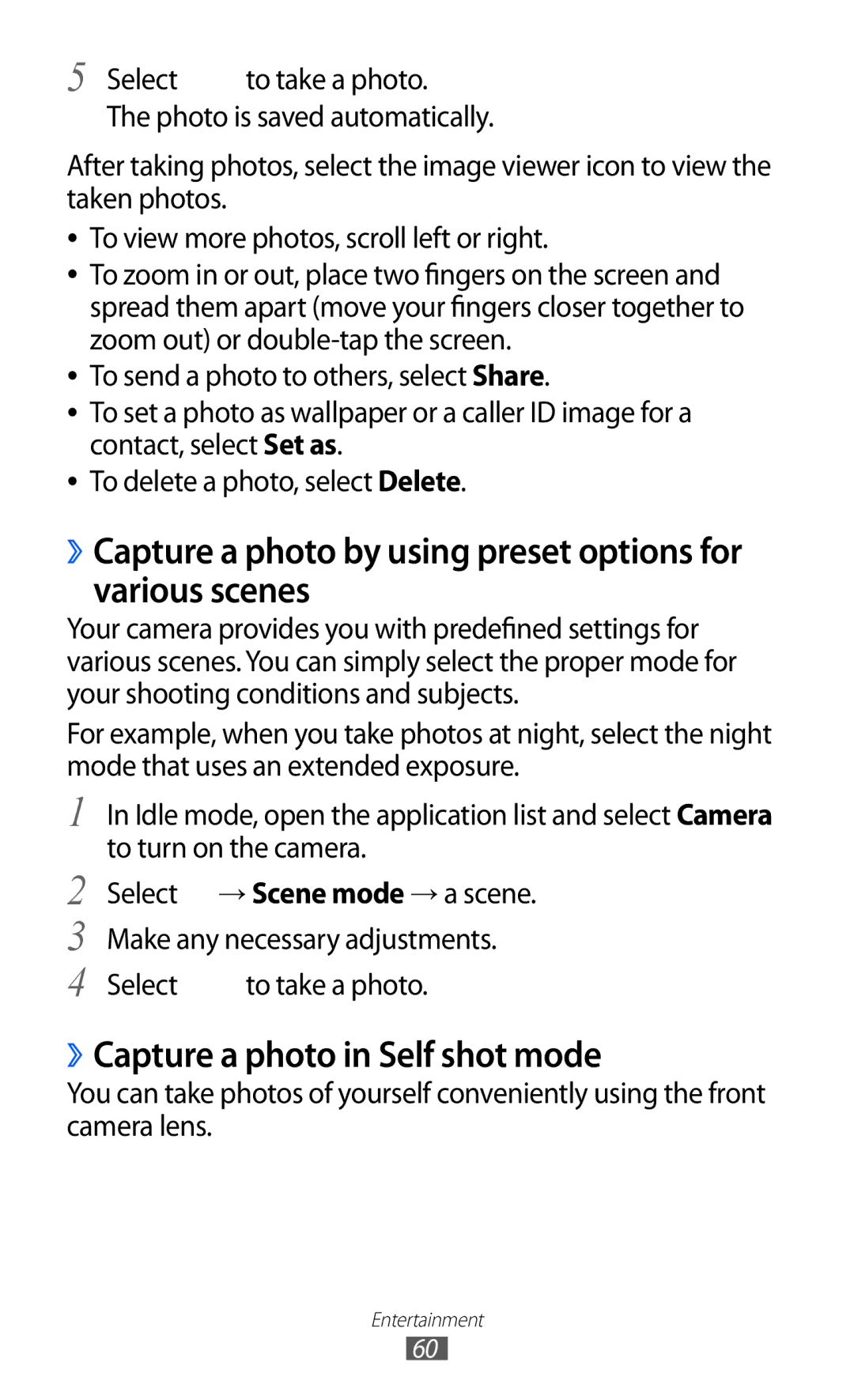 Samsung GT-I9100 ››Capture a photo by using preset options for various scenes, ››Capture a photo in Self shot mode 