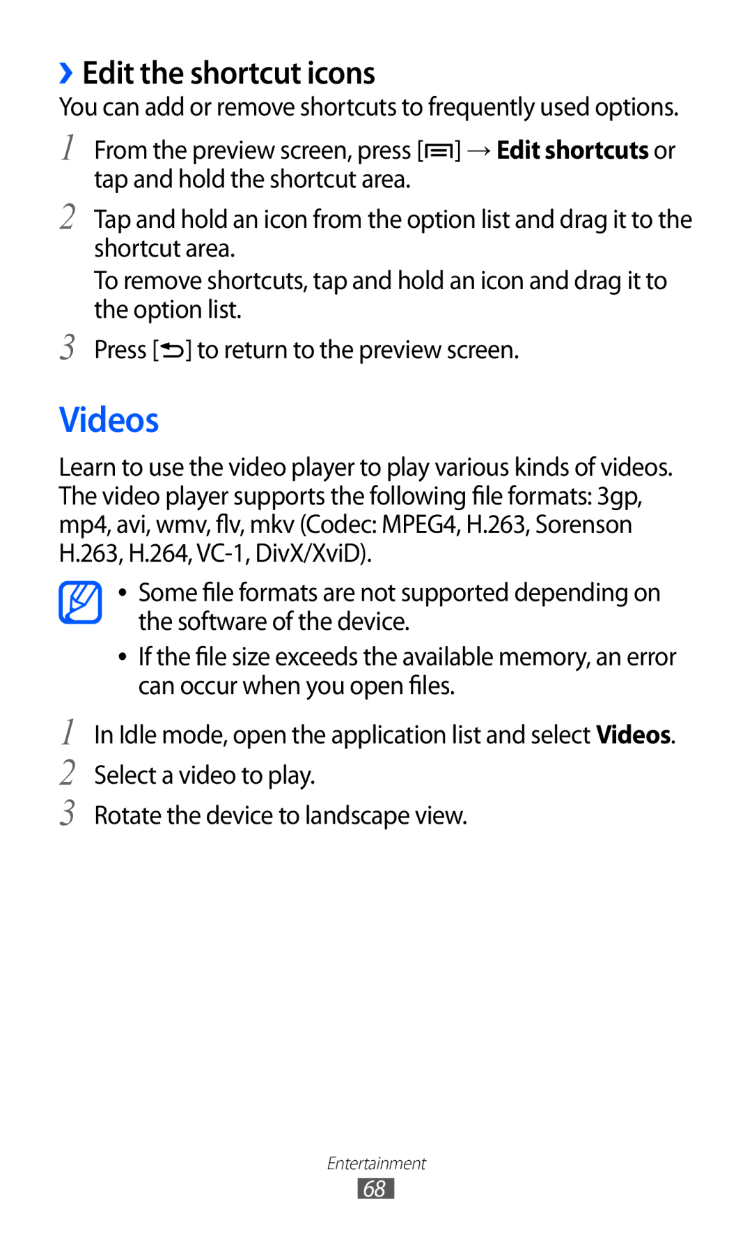 Samsung GT-I9100 user manual Videos, ››Edit the shortcut icons 