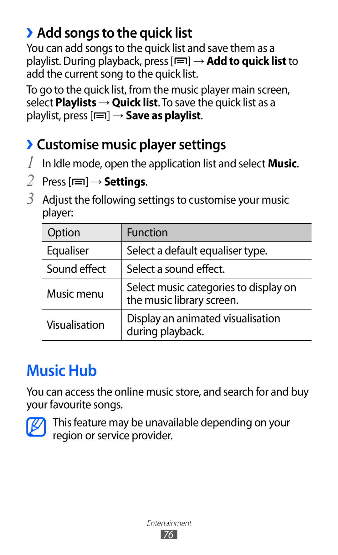 Samsung GT-I9100 user manual Music Hub, ››Add songs to the quick list, ››Customise music player settings 