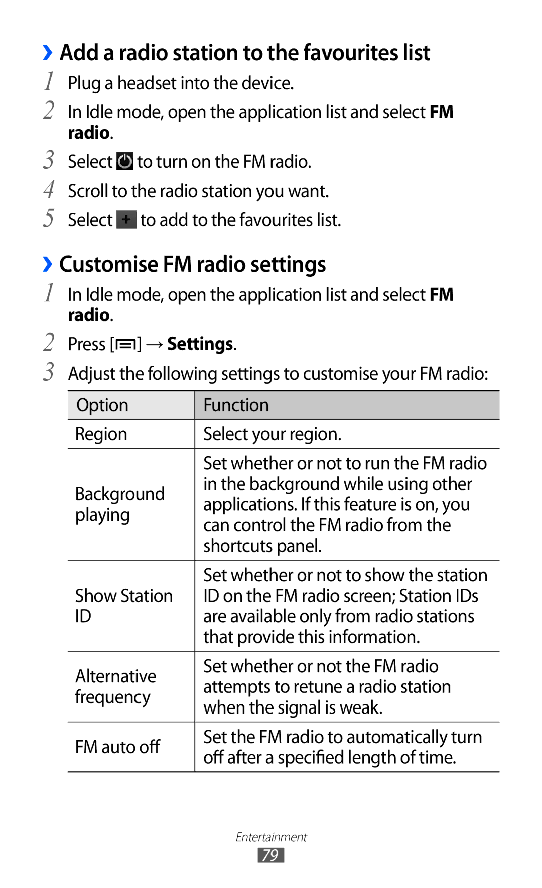 Samsung GT-I9100 user manual ››Add a radio station to the favourites list, ››Customise FM radio settings, Radio 