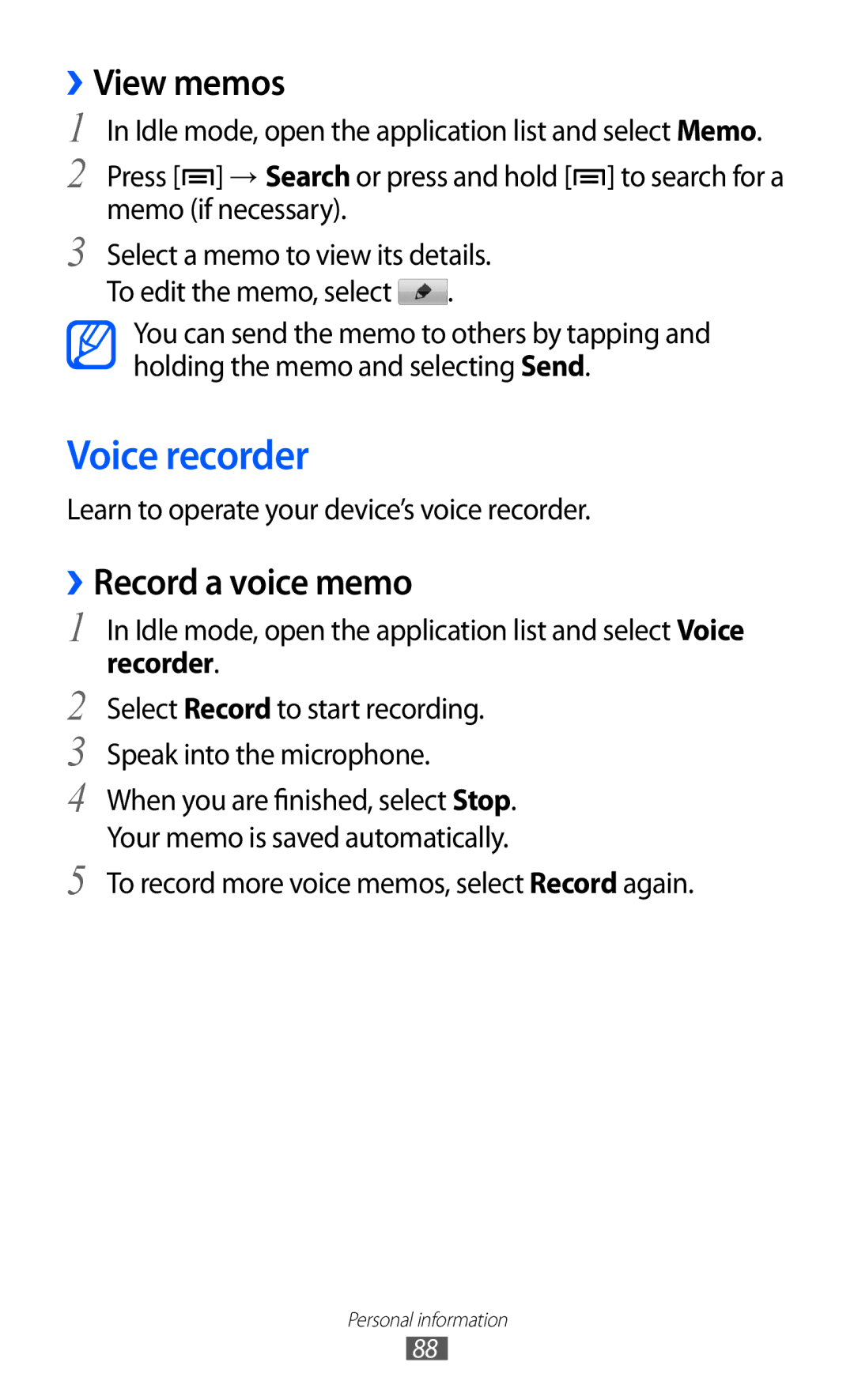 Samsung GT-I9100 user manual Voice recorder, ››View memos, ››Record a voice memo, Recorder 