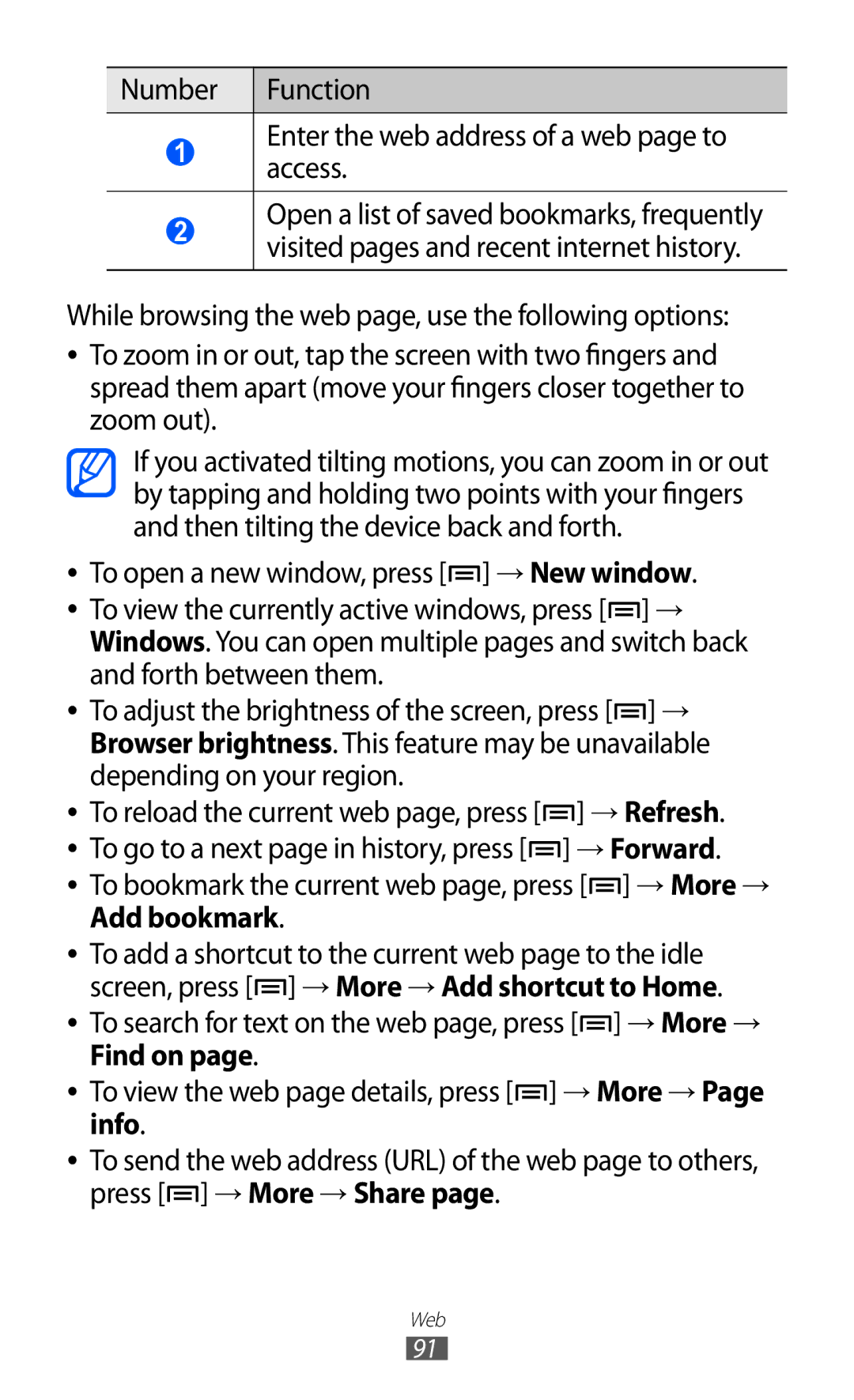 Samsung GT-I9100 user manual → Refresh, → Forward, Add bookmark 