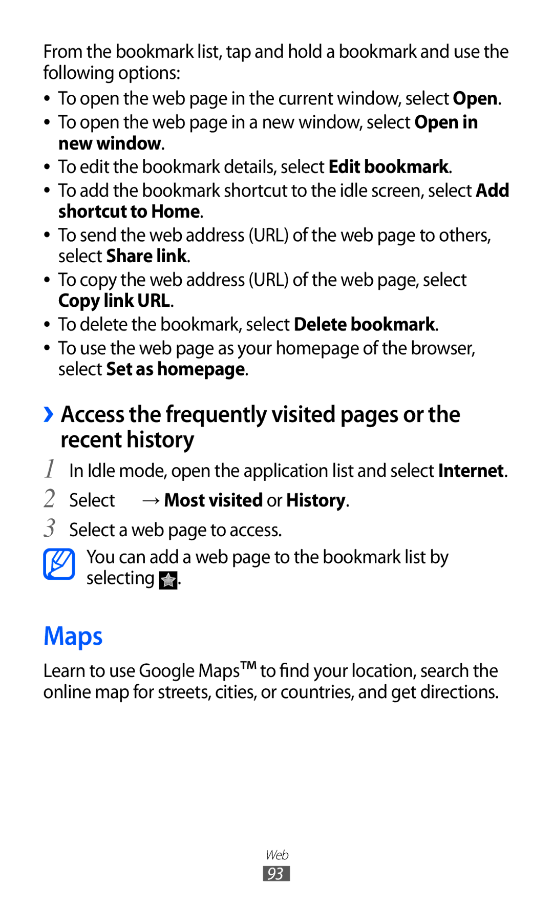 Samsung GT-I9100 user manual Maps, ››Access the frequently visited pages or the recent history, New window 