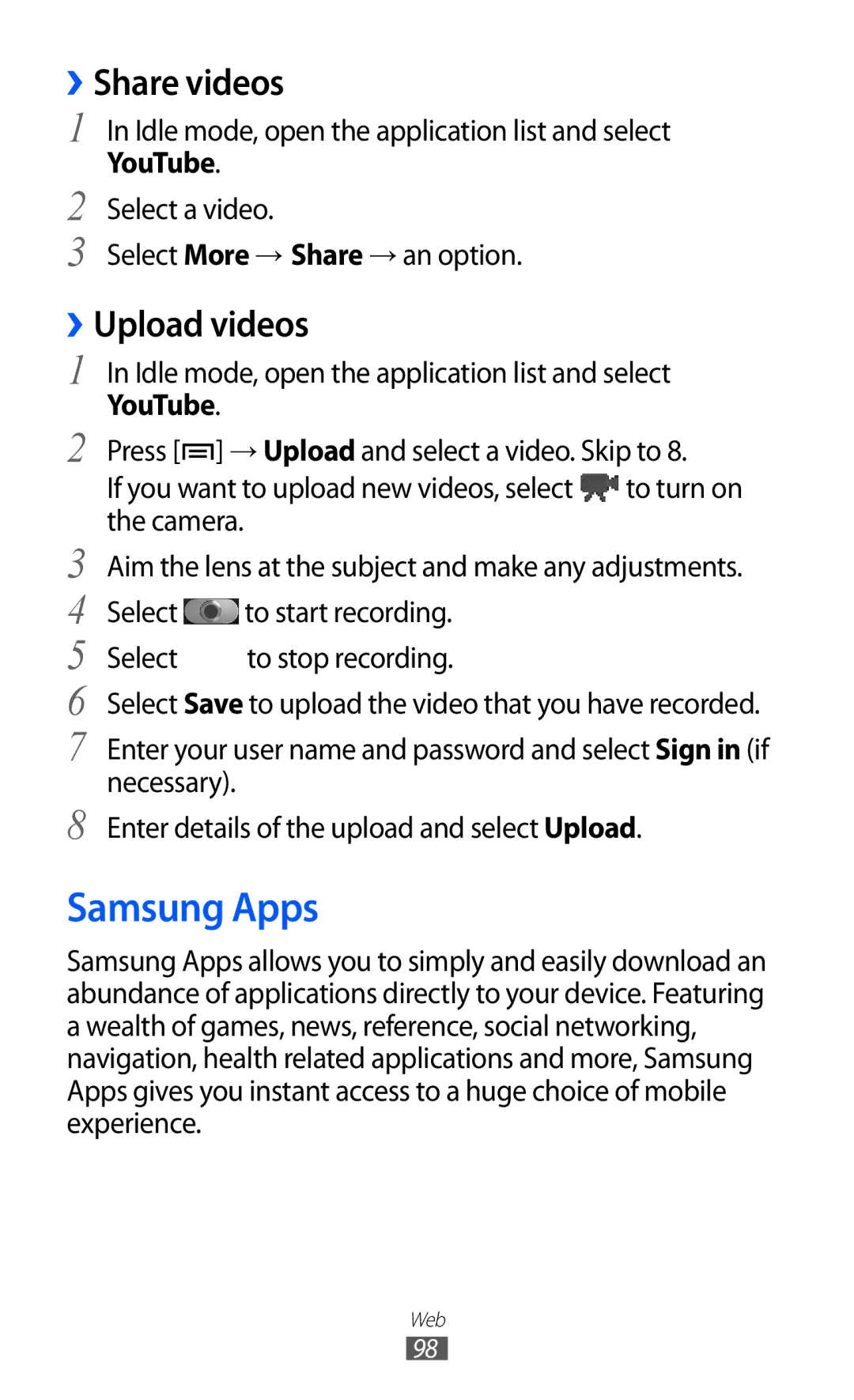 Samsung GT-I9100 user manual Samsung Apps, ››Share videos, ››Upload videos, YouTube 