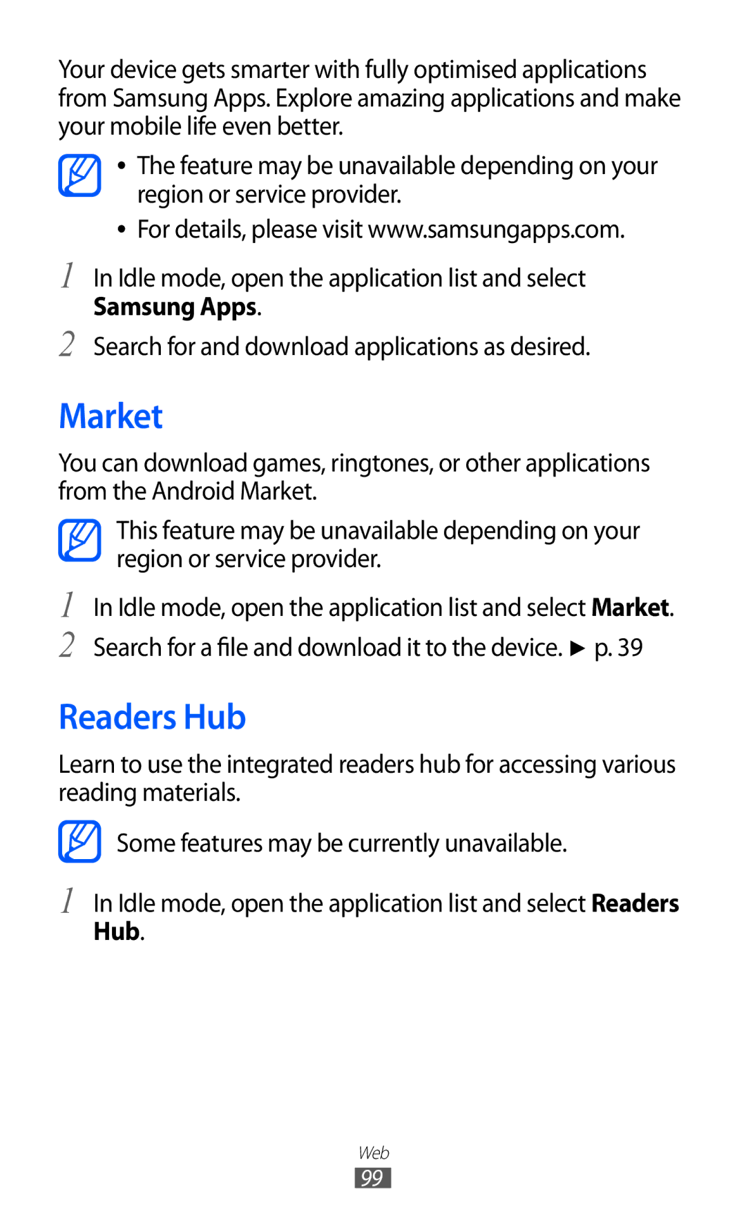 Samsung GT-I9100 user manual Market, Readers Hub 