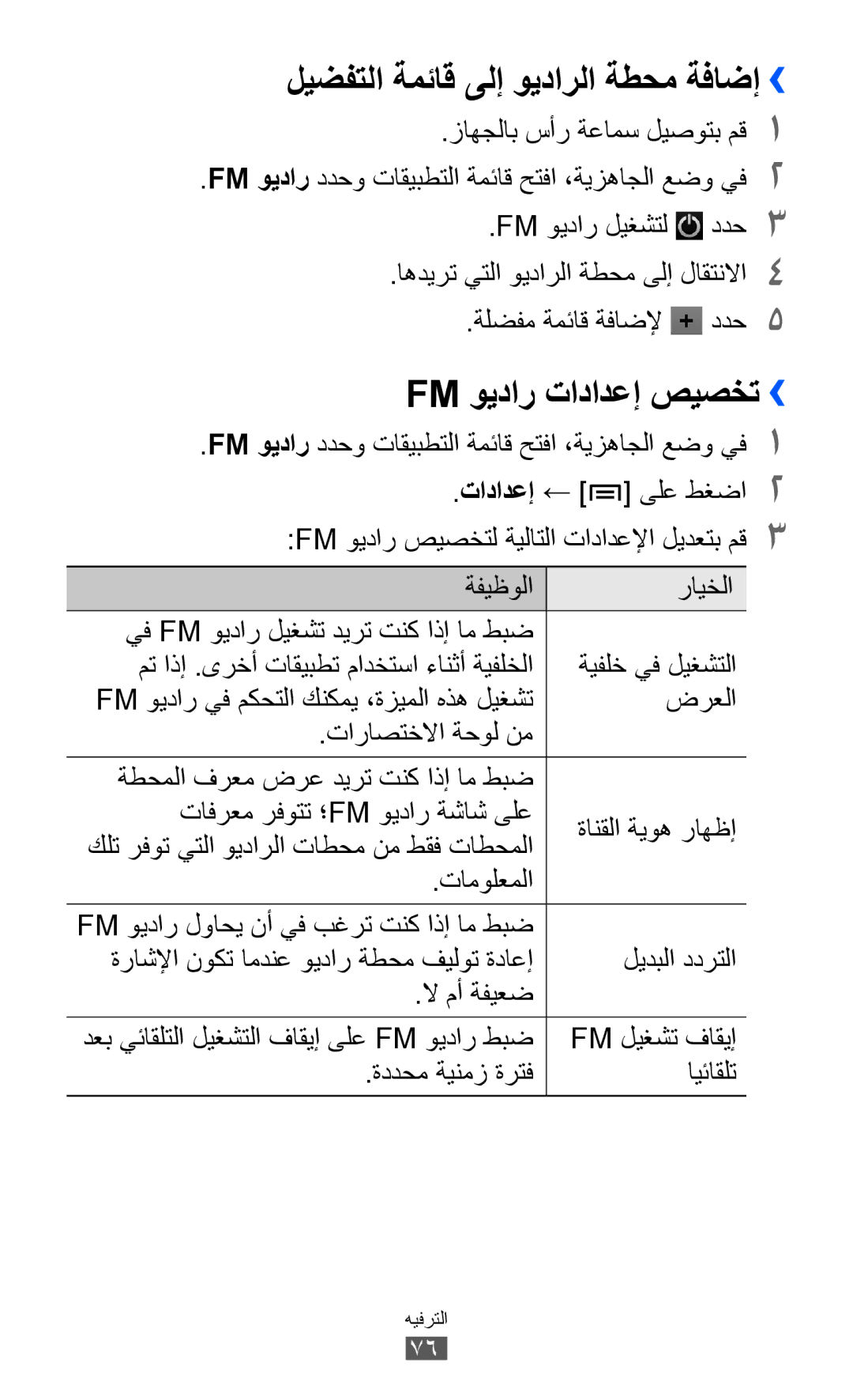 Samsung GT-I9100LKAHAJ, GT-I9100LKAAFR manual ليضفتلا ةمئاق ىلإ ويدارلا ةطحم ةفاضإ››, Fm ويدار تادادعإ صيصخت››, ضرعلا 