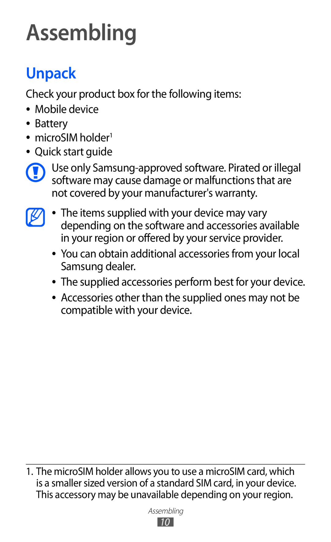 Samsung GT-I9100RWAMID, GT-I9100LKAAFR, GT-I9100LKEJED Assembling, Unpack, Check your product box for the following items 