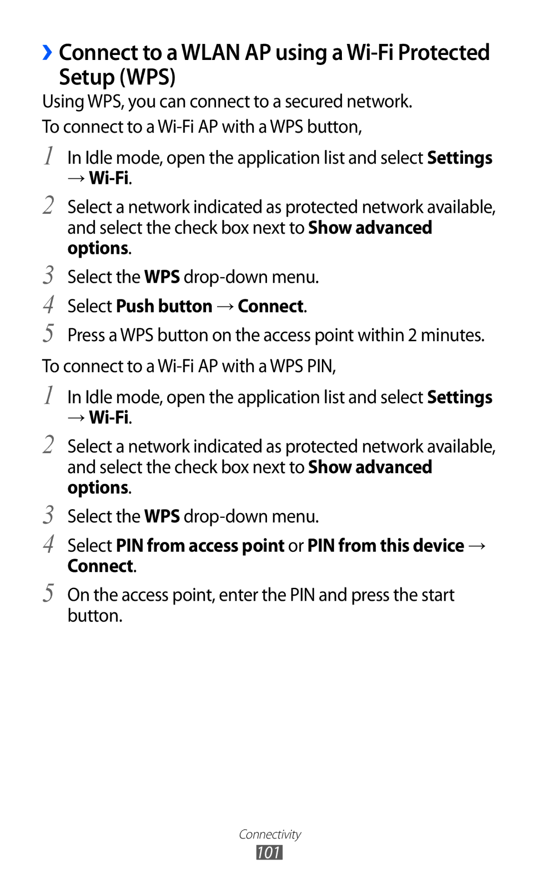 Samsung GT-I9100LKAAFG, GT-I9100LKAAFR, GT-I9100LKEJED, GT-I9100RWASKZ manual Setup WPS, Select Push button → Connect 