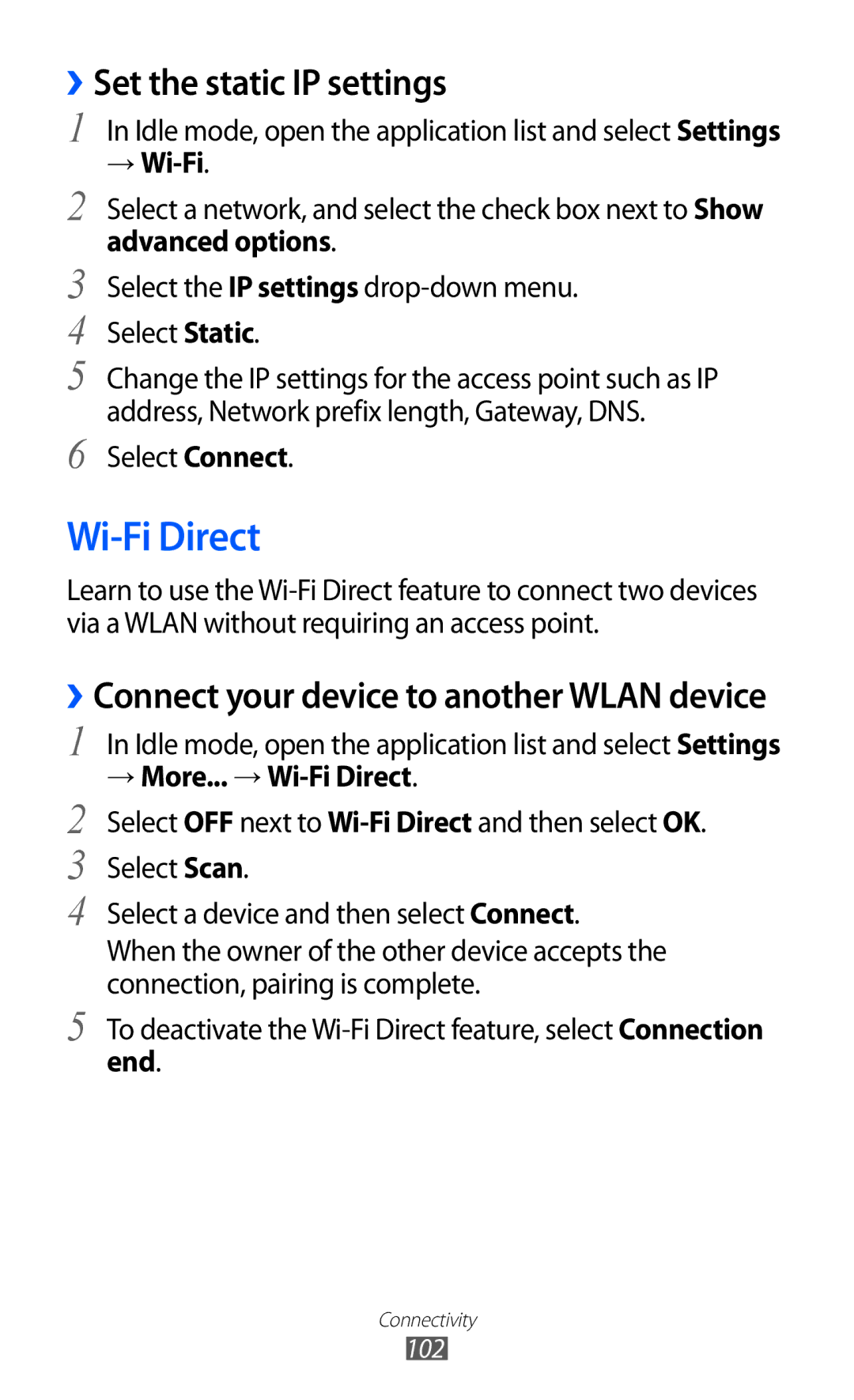 Samsung GT-I9100LKAPAK, GT-I9100LKAAFR ››Set the static IP settings, Advanced options, → More... → Wi-Fi Direct, End 