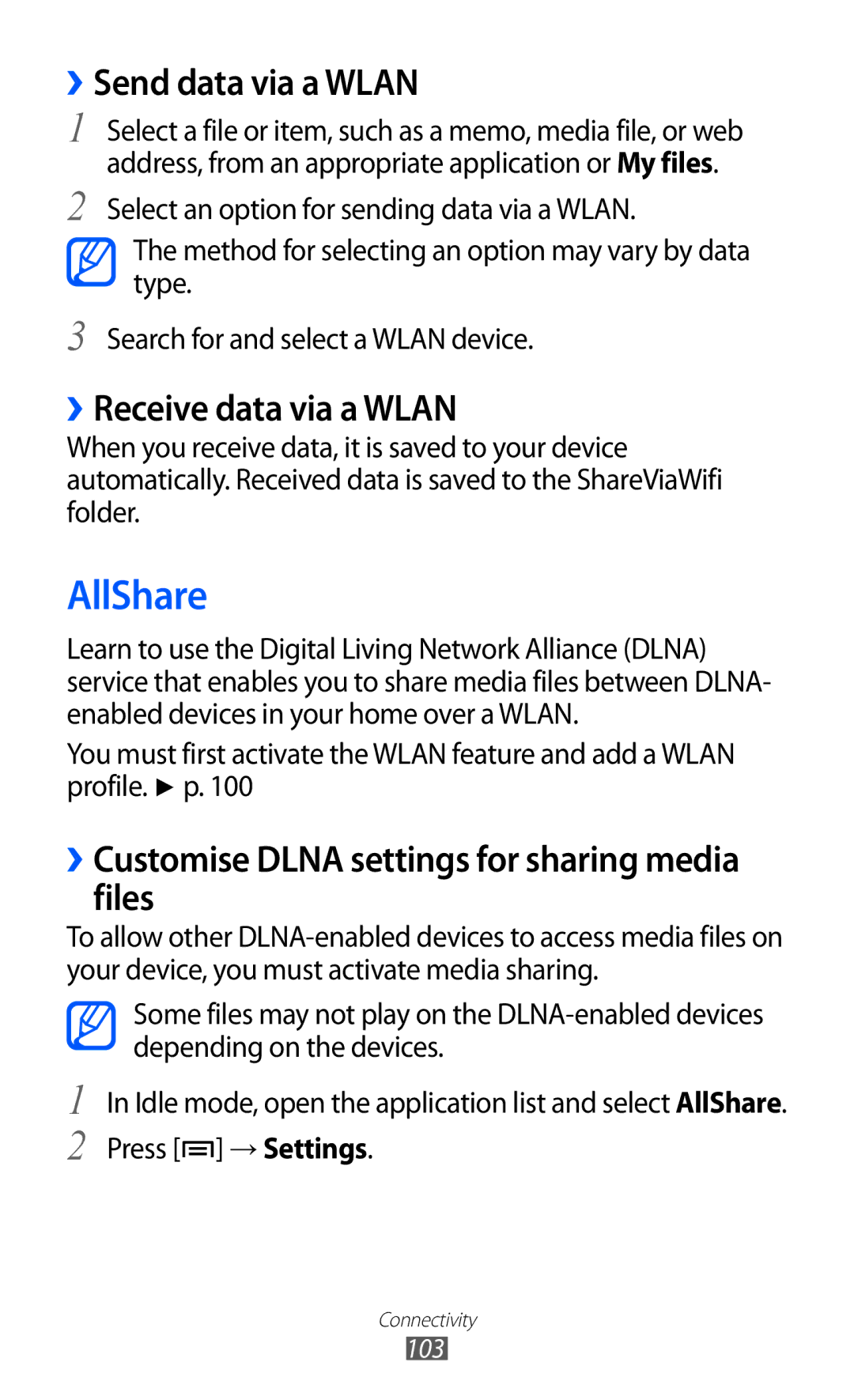 Samsung GT-I9100LKAXSG, GT-I9100LKAAFR, GT-I9100LKEJED manual AllShare, ››Send data via a Wlan, ››Receive data via a Wlan 