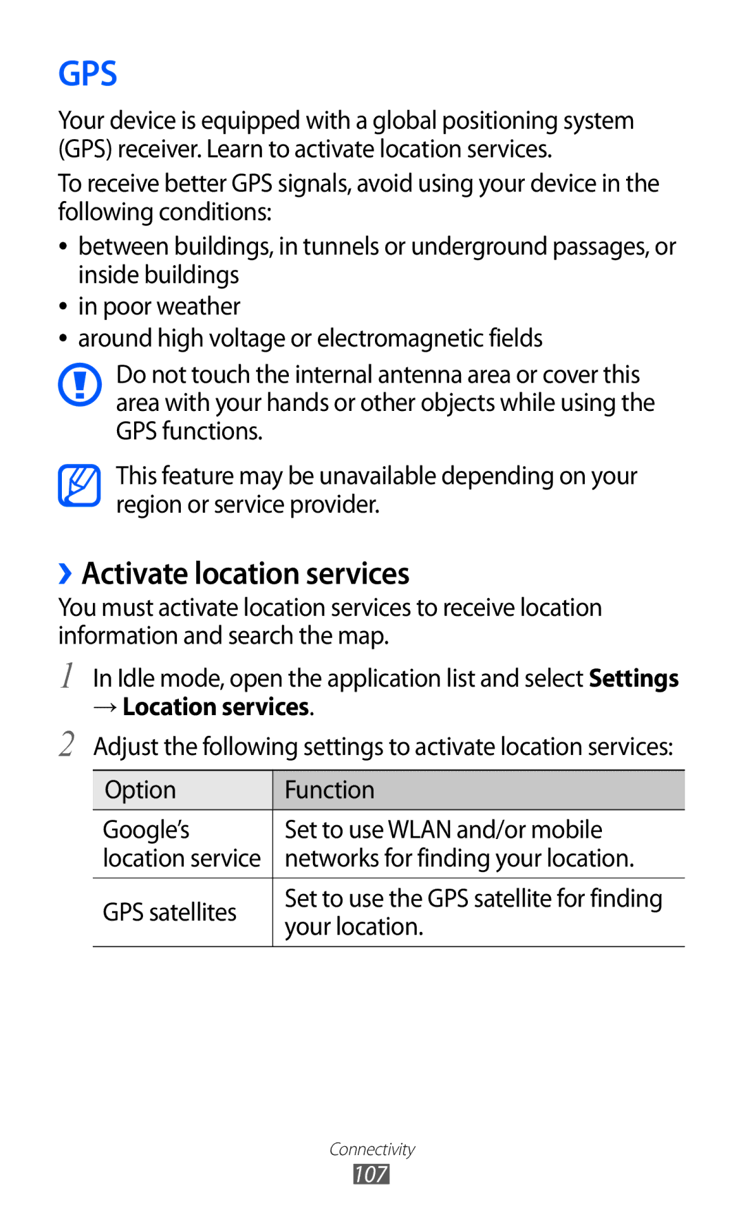 Samsung GT-I9100RWAXSG manual ››Activate location services, → Location services, Networks for finding your location 