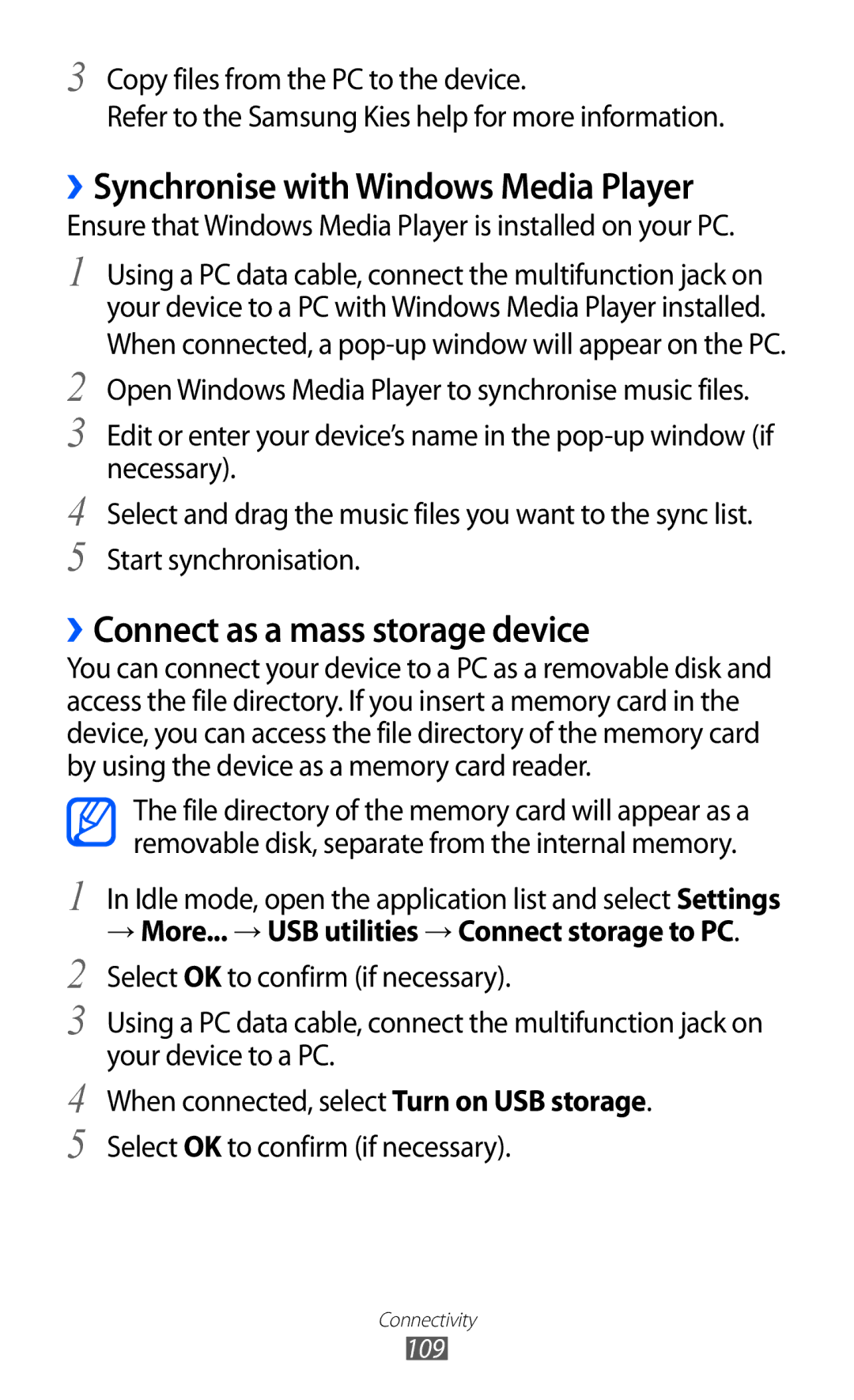 Samsung GT-I9100LKEXSG, GT-I9100LKAAFR manual ››Synchronise with Windows Media Player, ››Connect as a mass storage device 