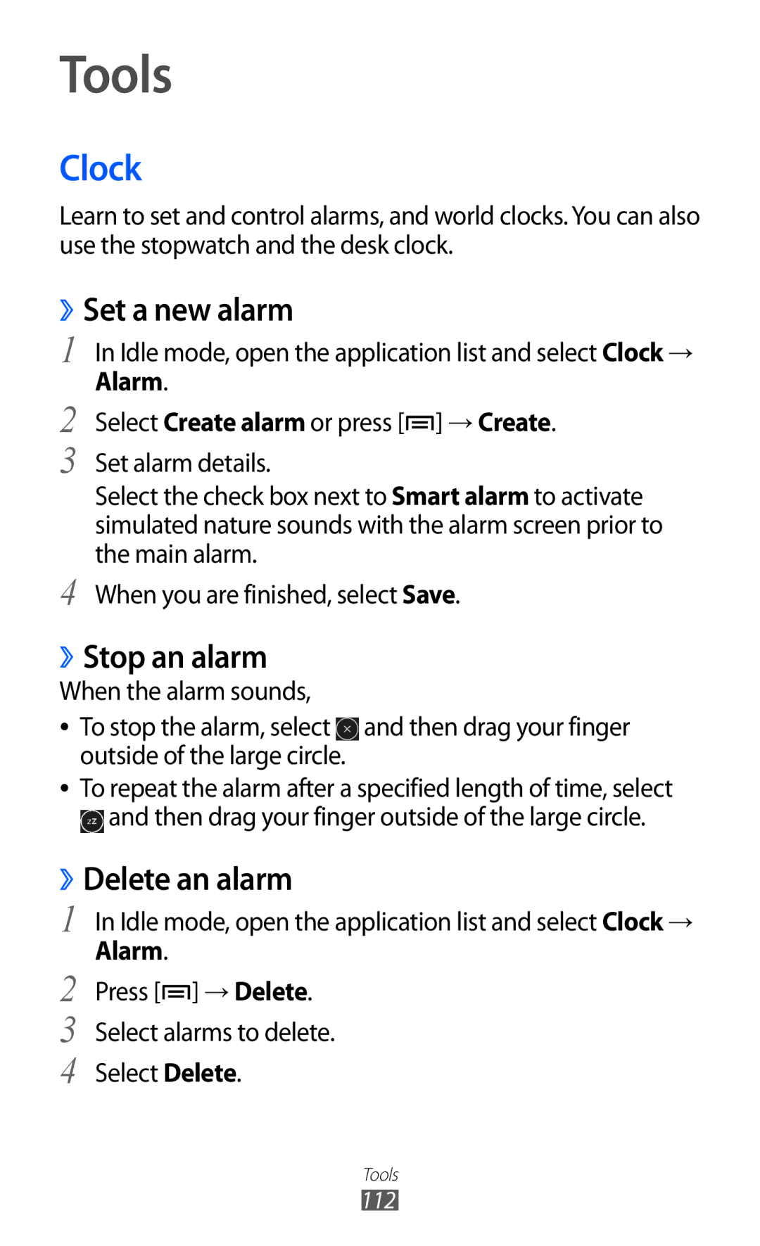 Samsung GT-I9100LKEHAJ, GT-I9100LKAAFR, GT-I9100LKEJED Tools, Clock, ››Set a new alarm, ››Stop an alarm, ››Delete an alarm 