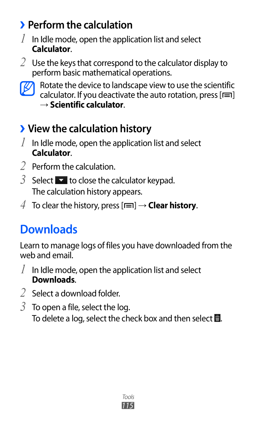 Samsung GT-I9100RWEXSG manual Downloads, ››Perform the calculation, ››View the calculation history, → Scientific calculator 