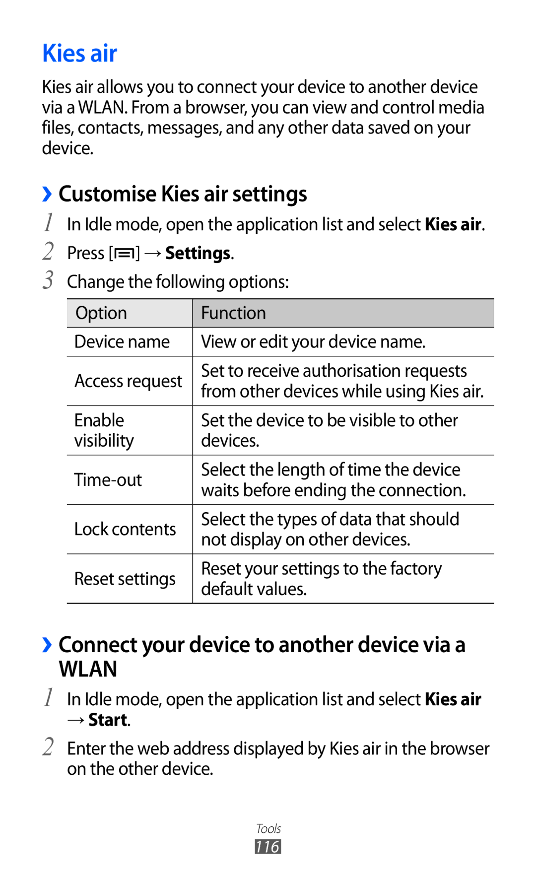 Samsung GT-I9100RWJXFV, GT-I9100LKAAFR, GT-I9100LKEJED, GT-I9100RWASKZ manual ››Customise Kies air settings, → Start 