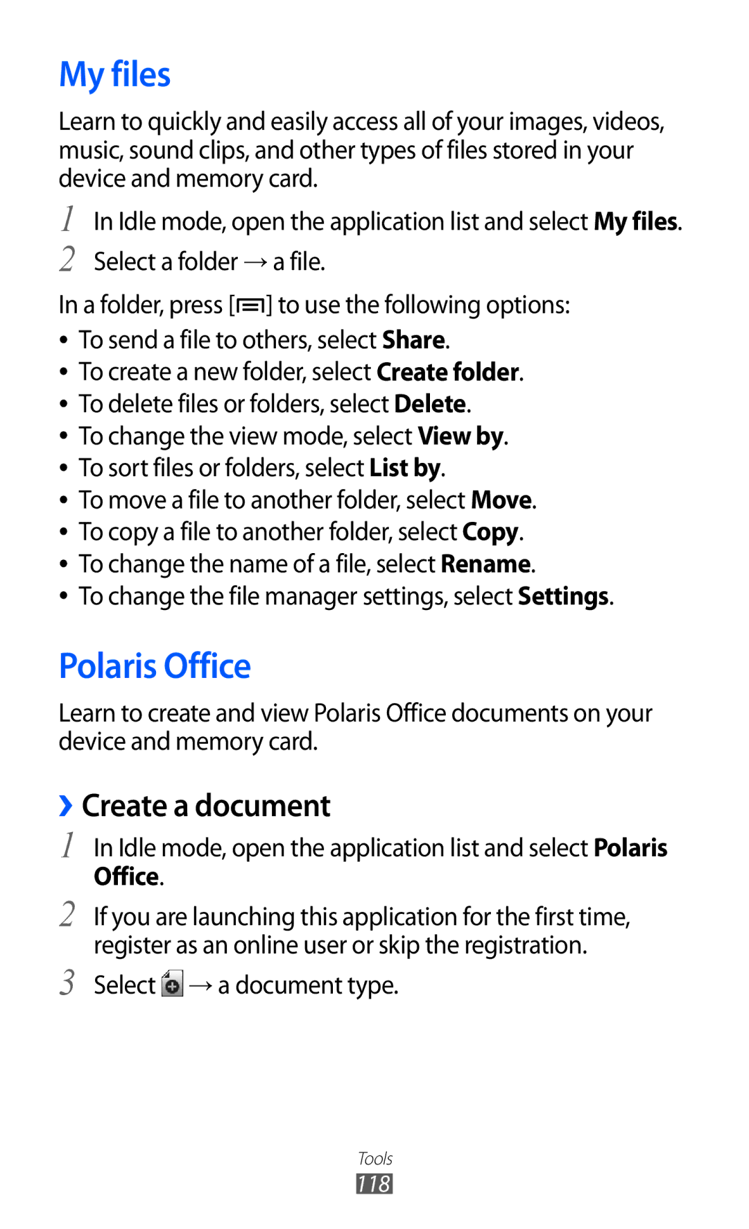 Samsung GT-I9100LKAKSA My files, Polaris Office, ››Create a document, To change the file manager settings, select Settings 