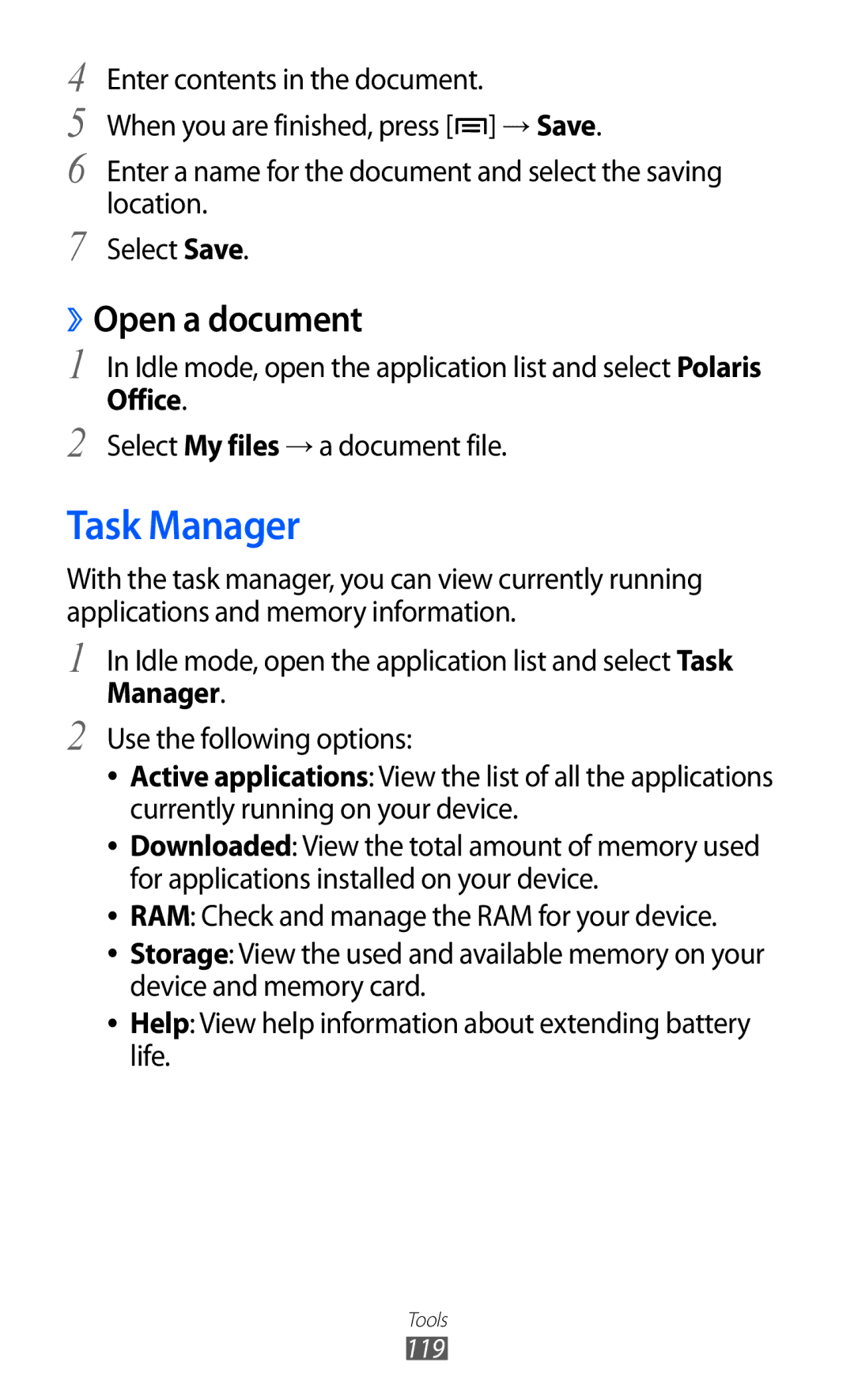 Samsung GT-I9100LKATUN Task Manager, ››Open a document, Idle mode, open the application list and select Polaris, Office 