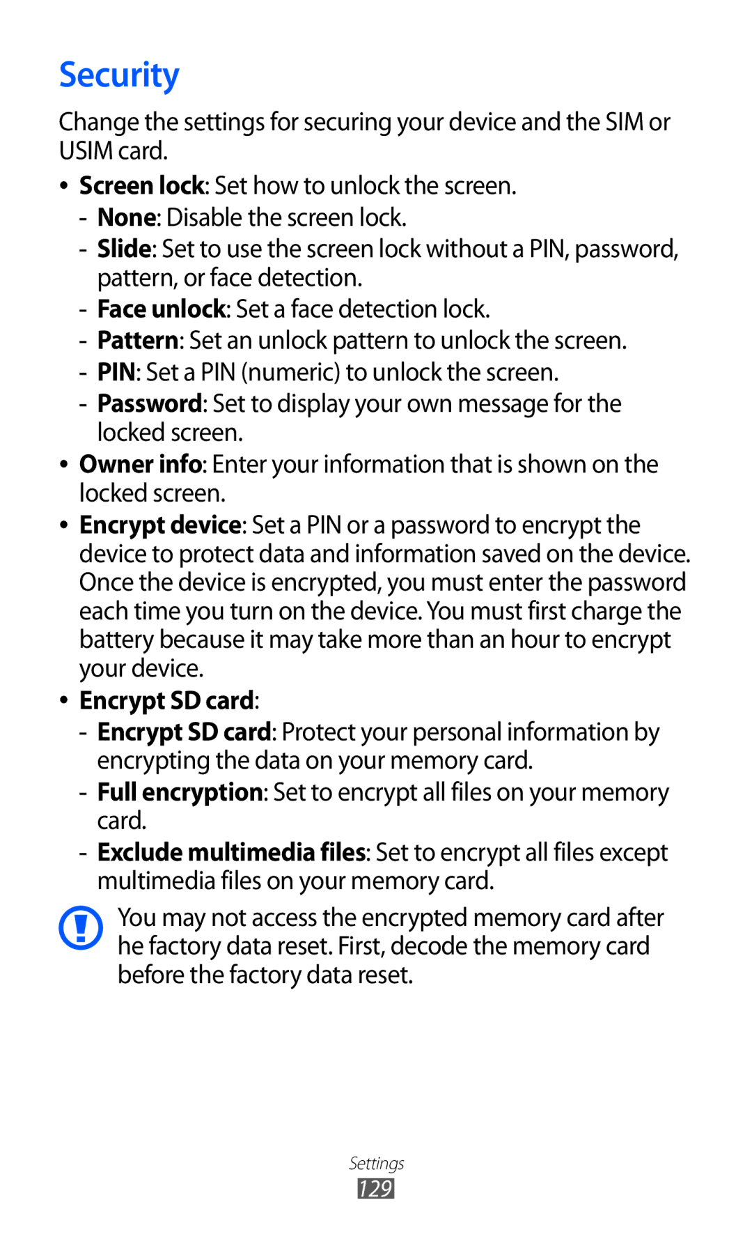 Samsung GT-I9100OIAMID, GT-I9100LKAAFR, GT-I9100LKEJED, GT-I9100RWASKZ, GT-I9100LKEKSA manual Security, Encrypt SD card 