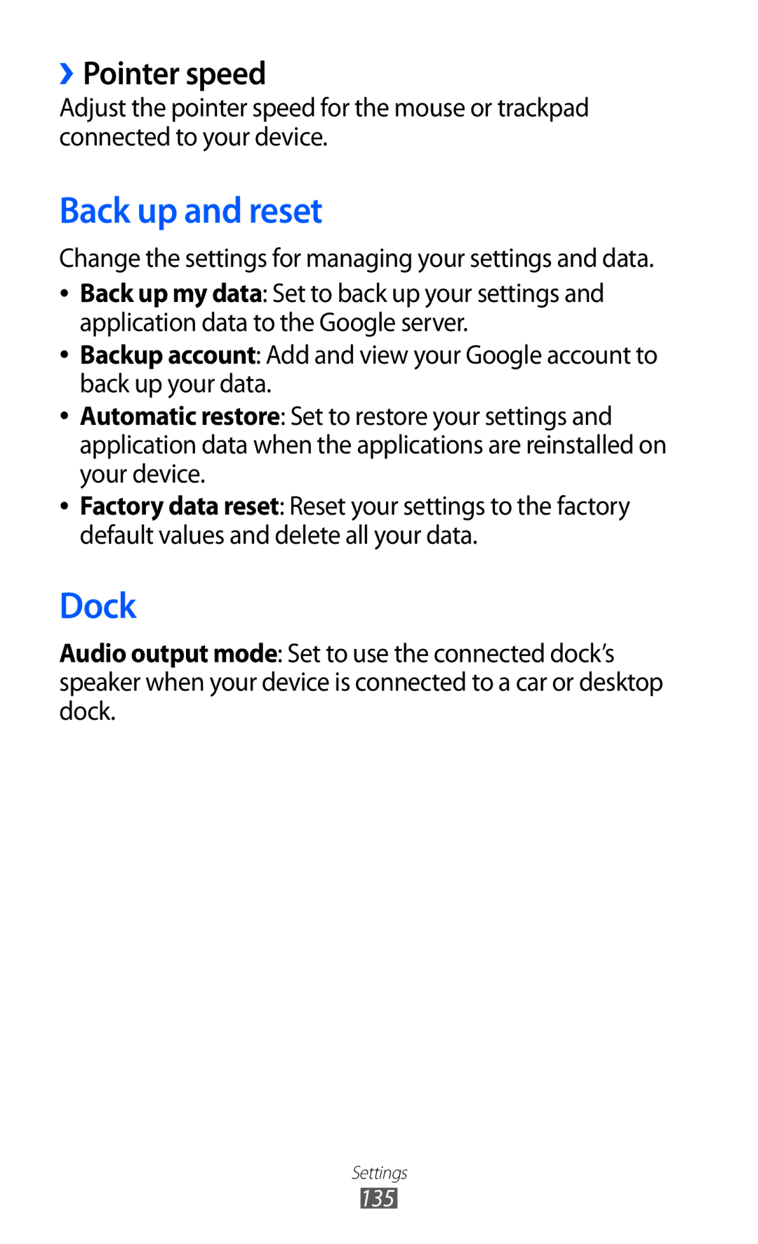 Samsung GT-I9100LKAAFR Back up and reset, Dock, ››Pointer speed, Change the settings for managing your settings and data 