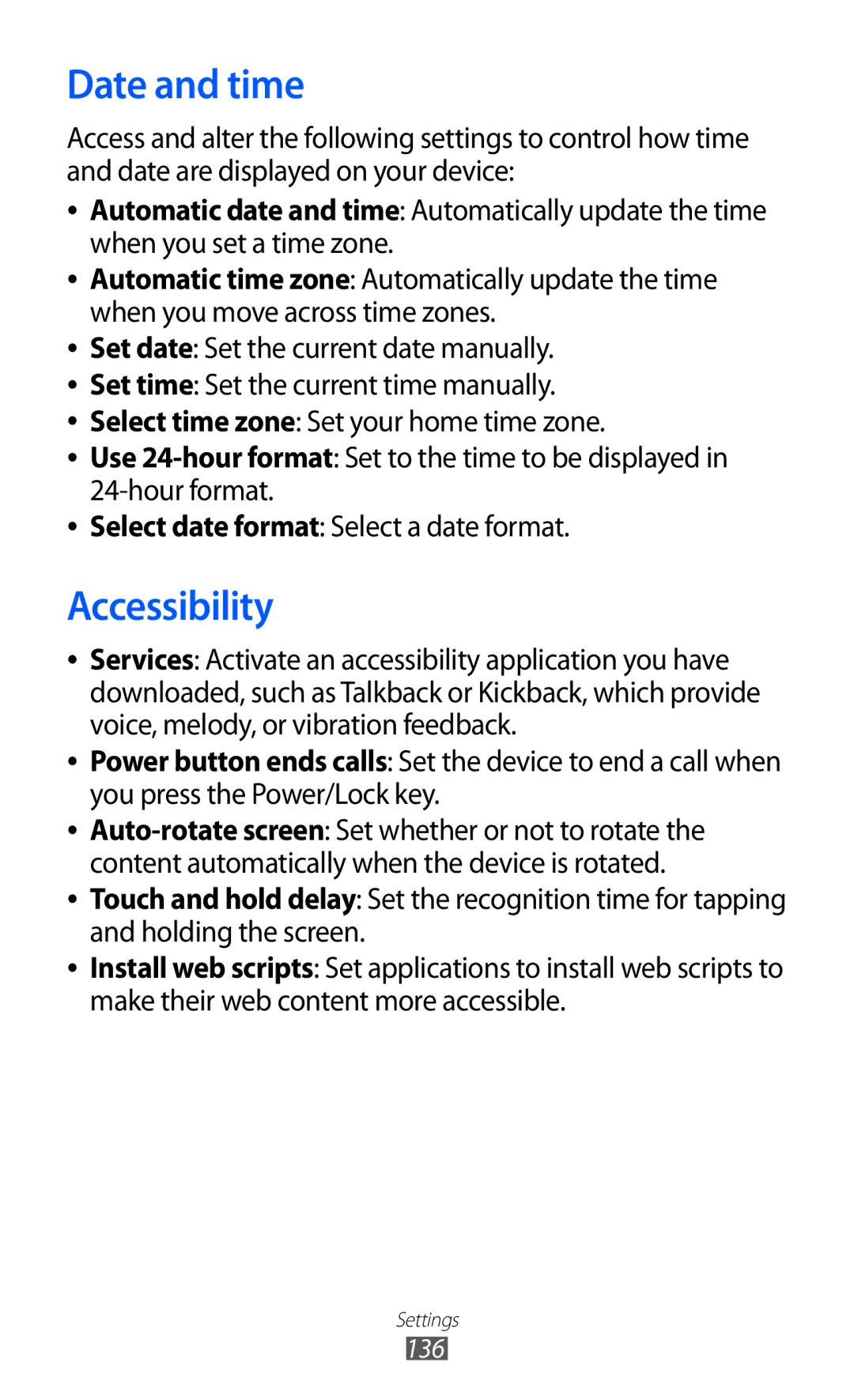 Samsung GT-I9100LKEJED, GT-I9100LKAAFR, GT-I9100RWASKZ, GT-I9100LKEKSA, GT-I9100LKJXFV manual Date and time, Accessibility 