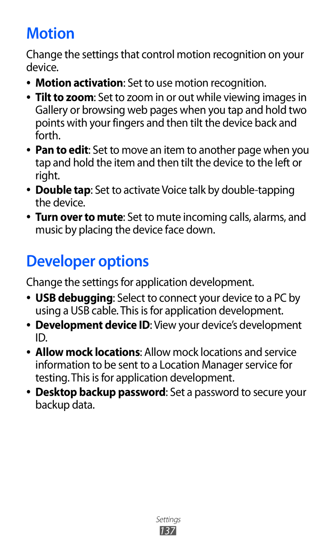 Samsung GT-I9100RWASKZ, GT-I9100LKAAFR manual Motion, Developer options, Change the settings for application development 