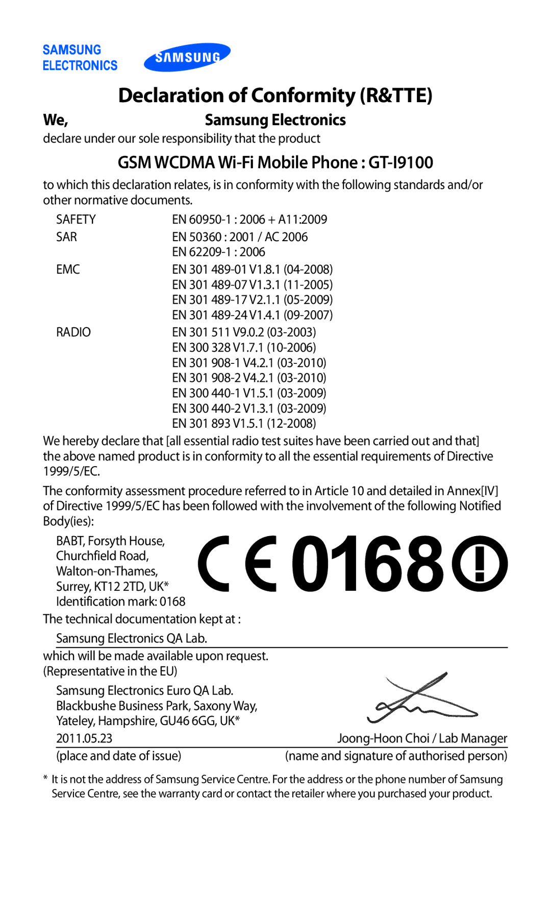 Samsung GT-I9100RWAJED, GT-I9100LKAAFR manual Declaration of Conformity R&TTE, GSM Wcdma Wi-Fi Mobile Phone GT-I9100 