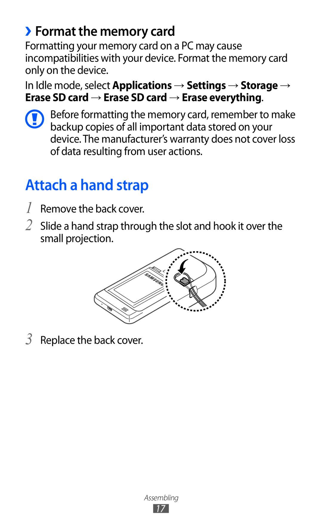 Samsung GT-I9100RWAXSG, GT-I9100LKAAFR, GT-I9100LKEJED, GT-I9100RWASKZ manual Attach a hand strap, ››Format the memory card 