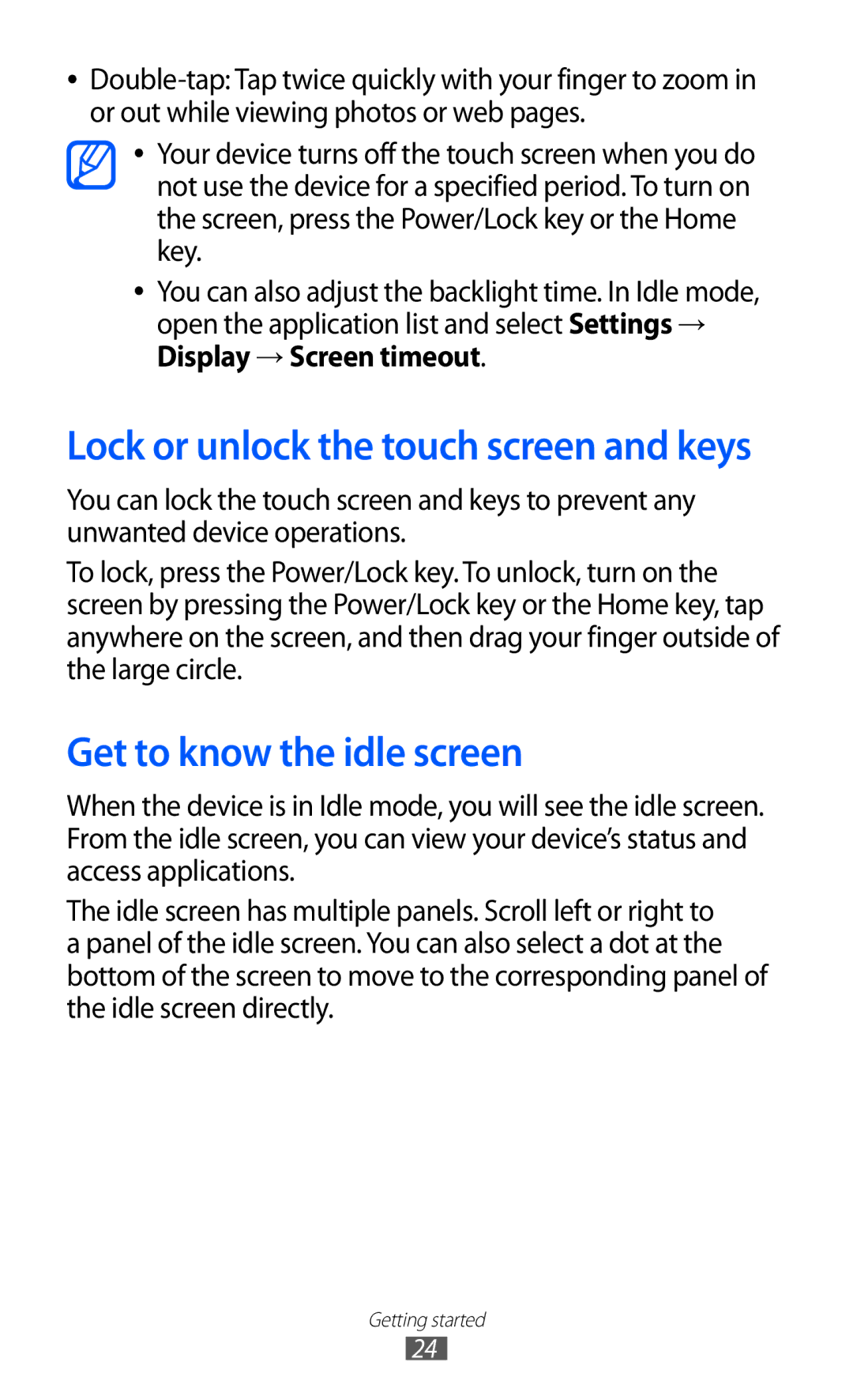 Samsung GT-I9100RWAJED, GT-I9100LKAAFR manual Get to know the idle screen, Lock or unlock the touch screen and keys 