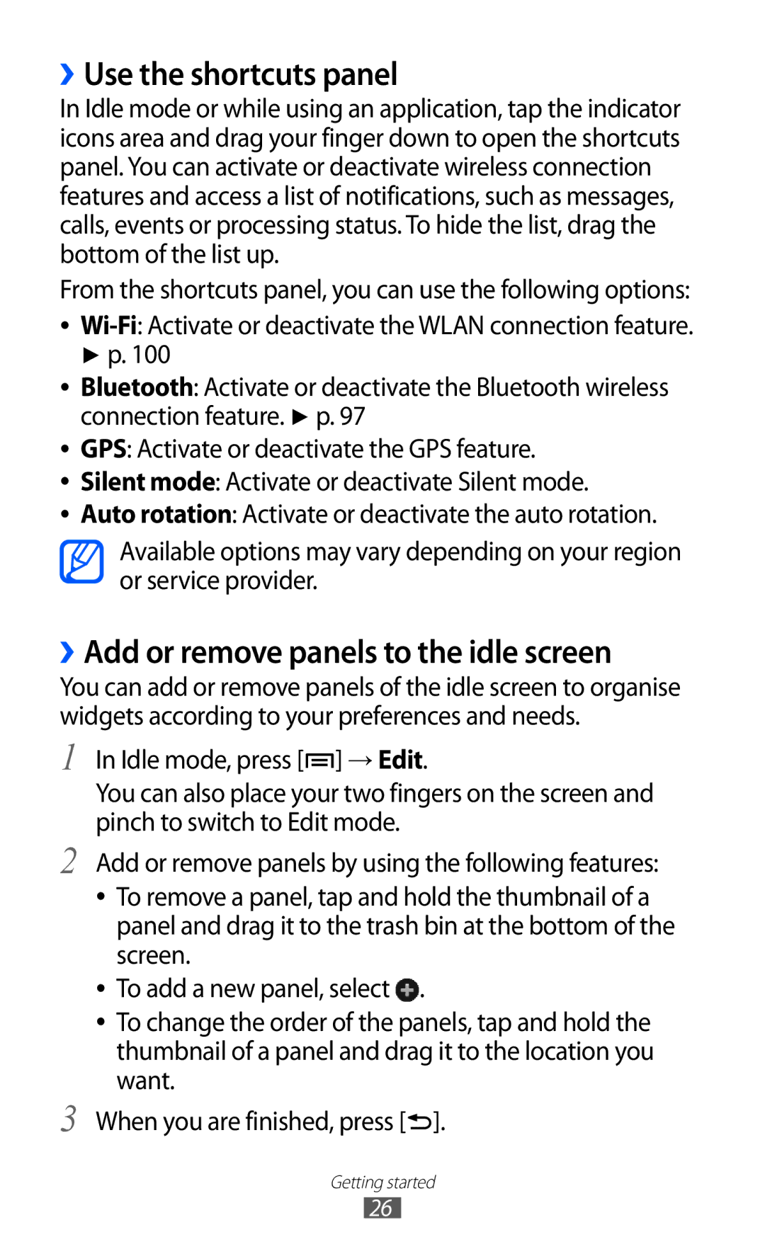 Samsung GT-I9100RWJXFV, GT-I9100LKAAFR, GT-I9100LKEJED ››Use the shortcuts panel, ››Add or remove panels to the idle screen 